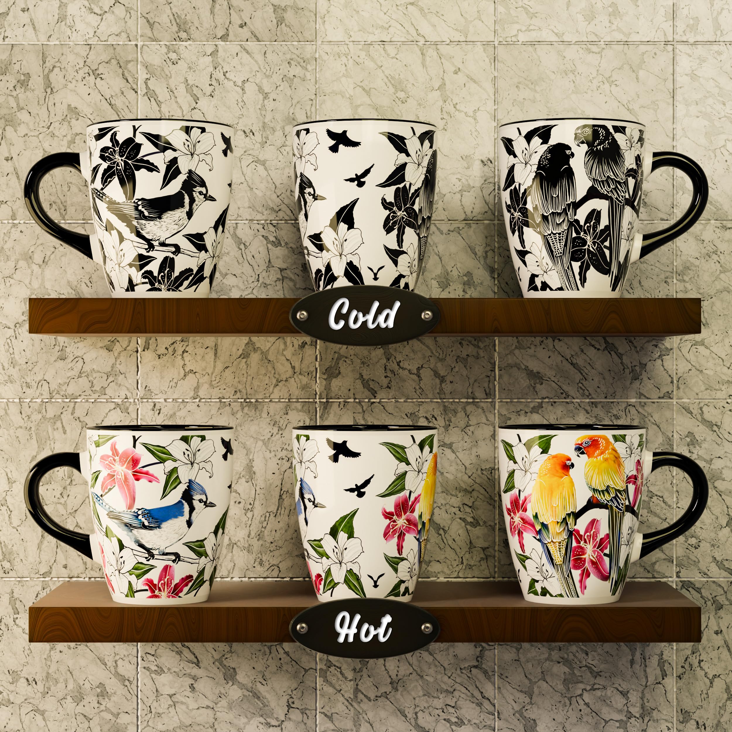 Color Changing Bird Coffee Mug 12oz - Heat Sensitive Ceramic Cup with Floral Reveal - Gifts for Bird Lovers, Unique Coffee Mugs