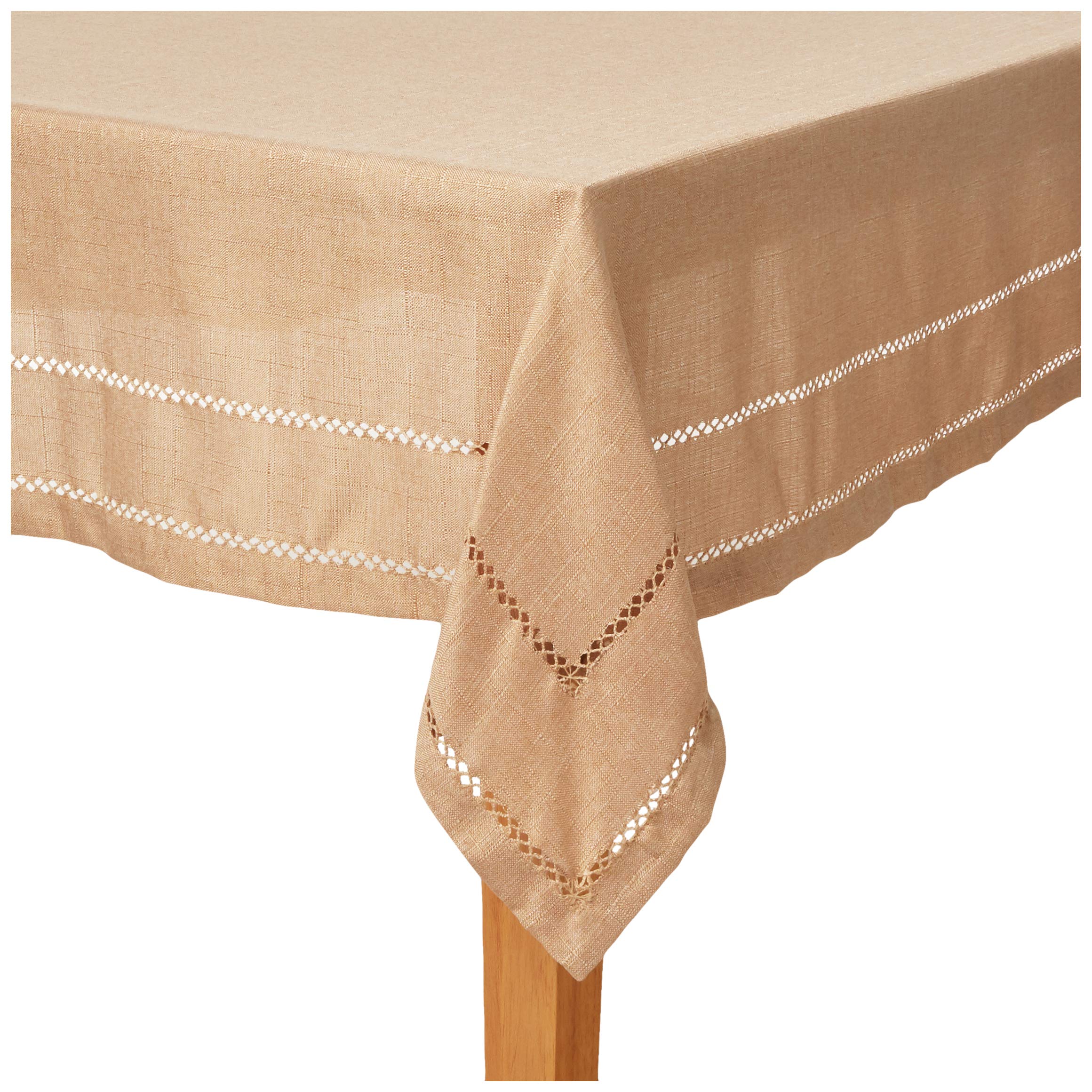 Hem Stitch Embroidered Vintage Design Tablecloth Oatmeal 68 by 140 Oblong/Rectangle