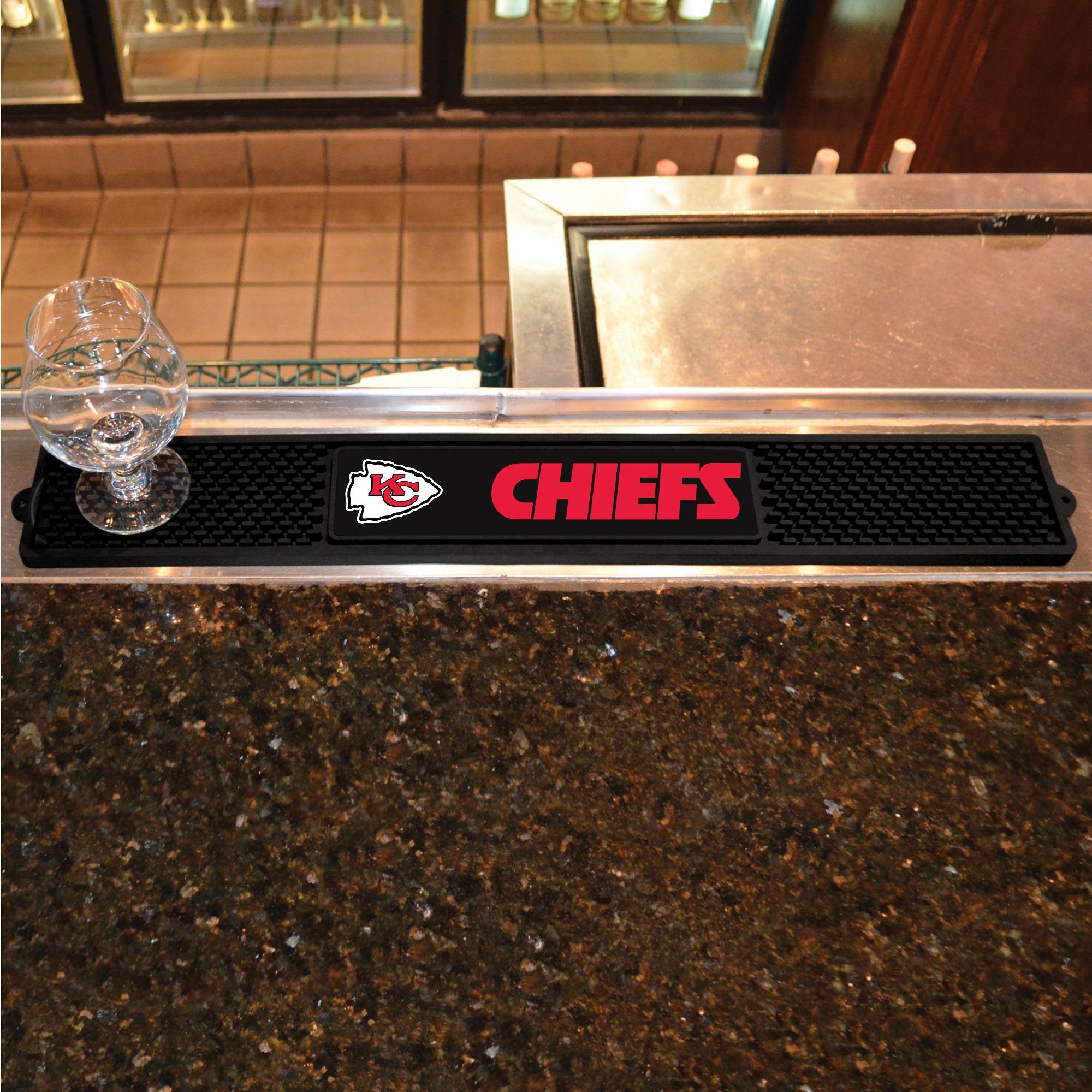 Fanmats 13988 Kansas City Chiefs Drink Bar Mat - 3.25In. X 24In. - Durable Dish Drying Mat, Easy Clean, Counter Mat, Black