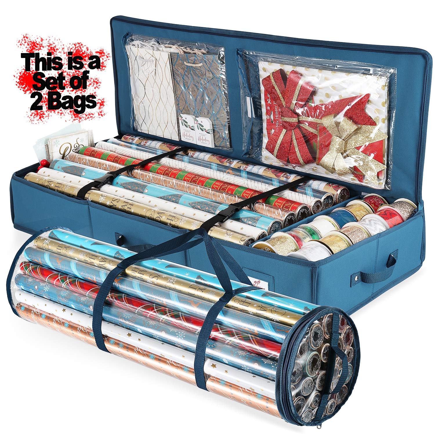 Hearth & Harbor Wrapping Paper Storage Container - Christmas Storage Bag with Interior Pockets - Gift Wrapping Organizer Storage Fits Up to 36 Rolls of 40 '' - Tear Proof Wrapping Paper Organizer