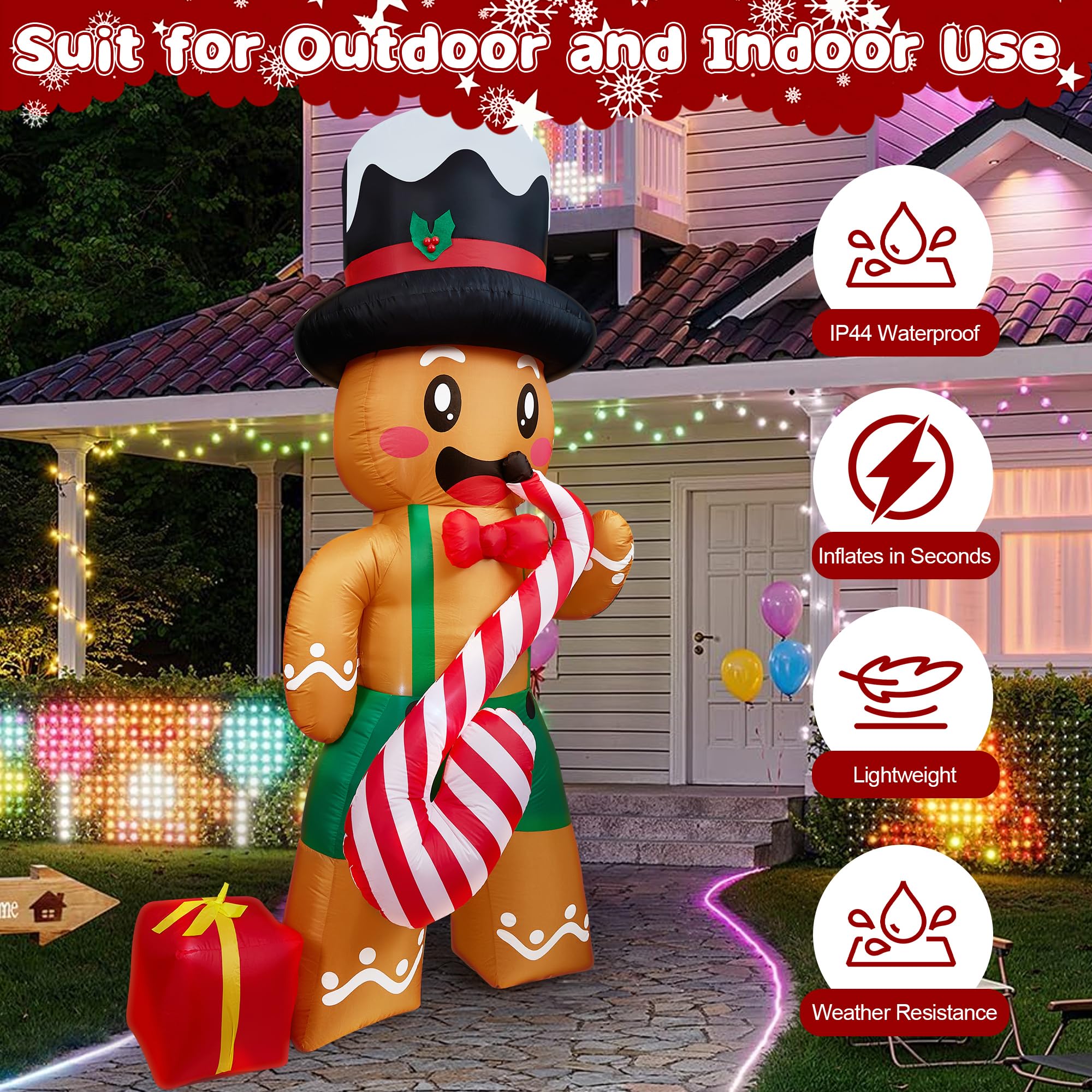 8 FT Christmas Inflatables Decorations with Built-in LEDs, Gingerbread Man Playing Candy Cane Saxophone Blow-Up Christmas Inflat