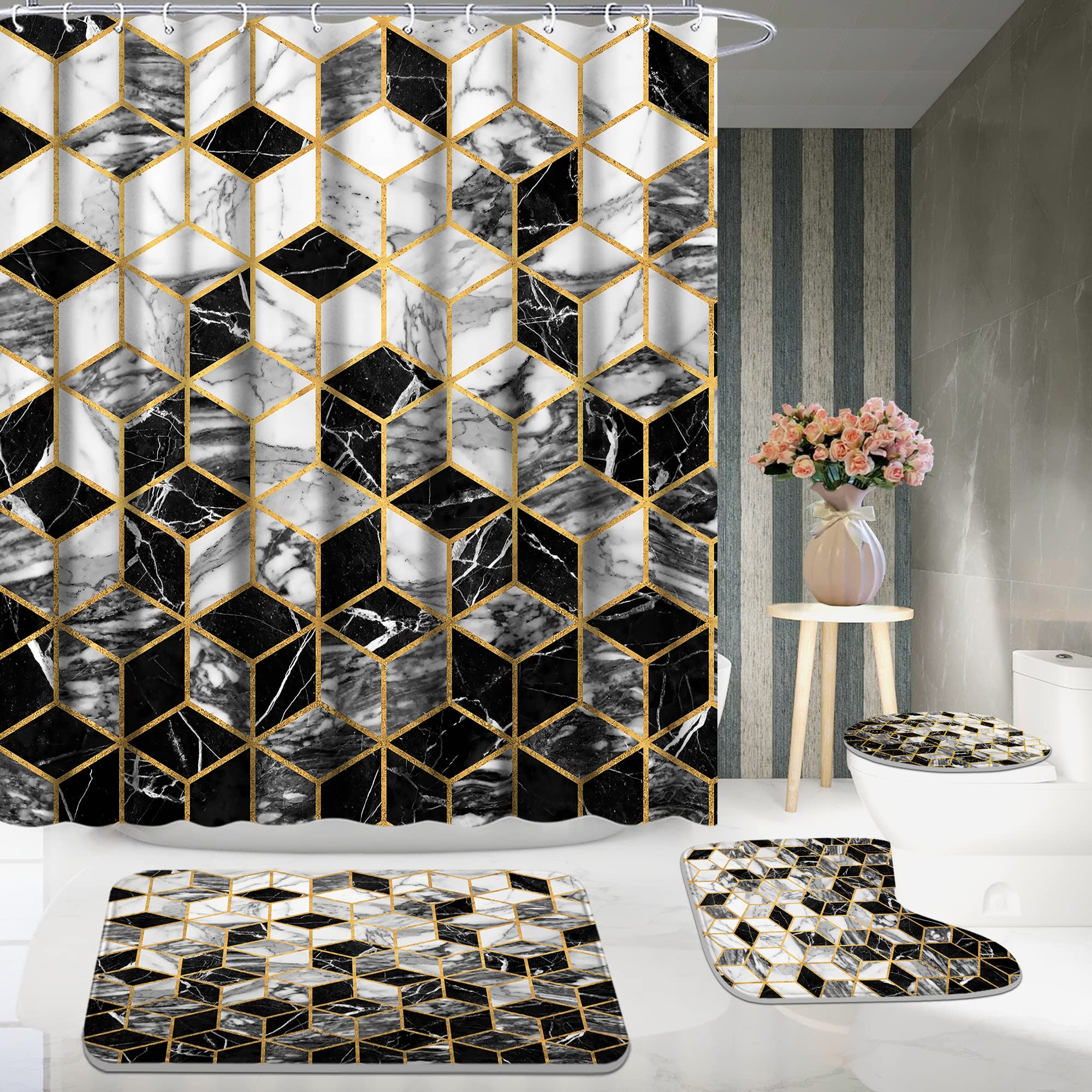 Poedist 4 Pcs Bathroom Shower Curtain Set  Honeycomb Marble Bathroom Sets with Rugs(Bath Mat U Shape and Toilet Lid Cover Mat) and 12 Durable Hooks