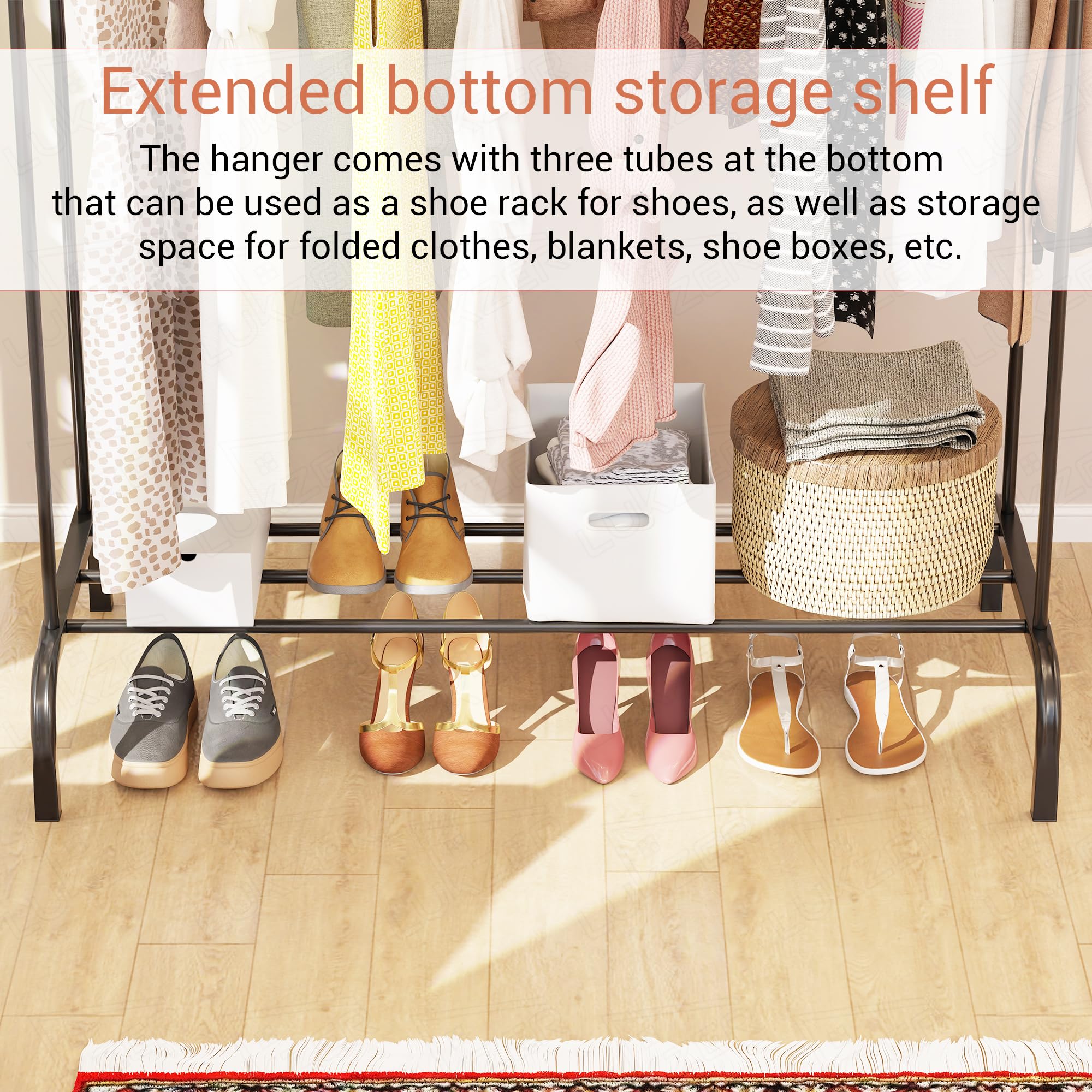 Lukzer Multi-Functional Cloth Stand With Wheels & Bottom Shelves  Metal Rack For Hanging Clothes, Coats, And Hats  Diy Storage S