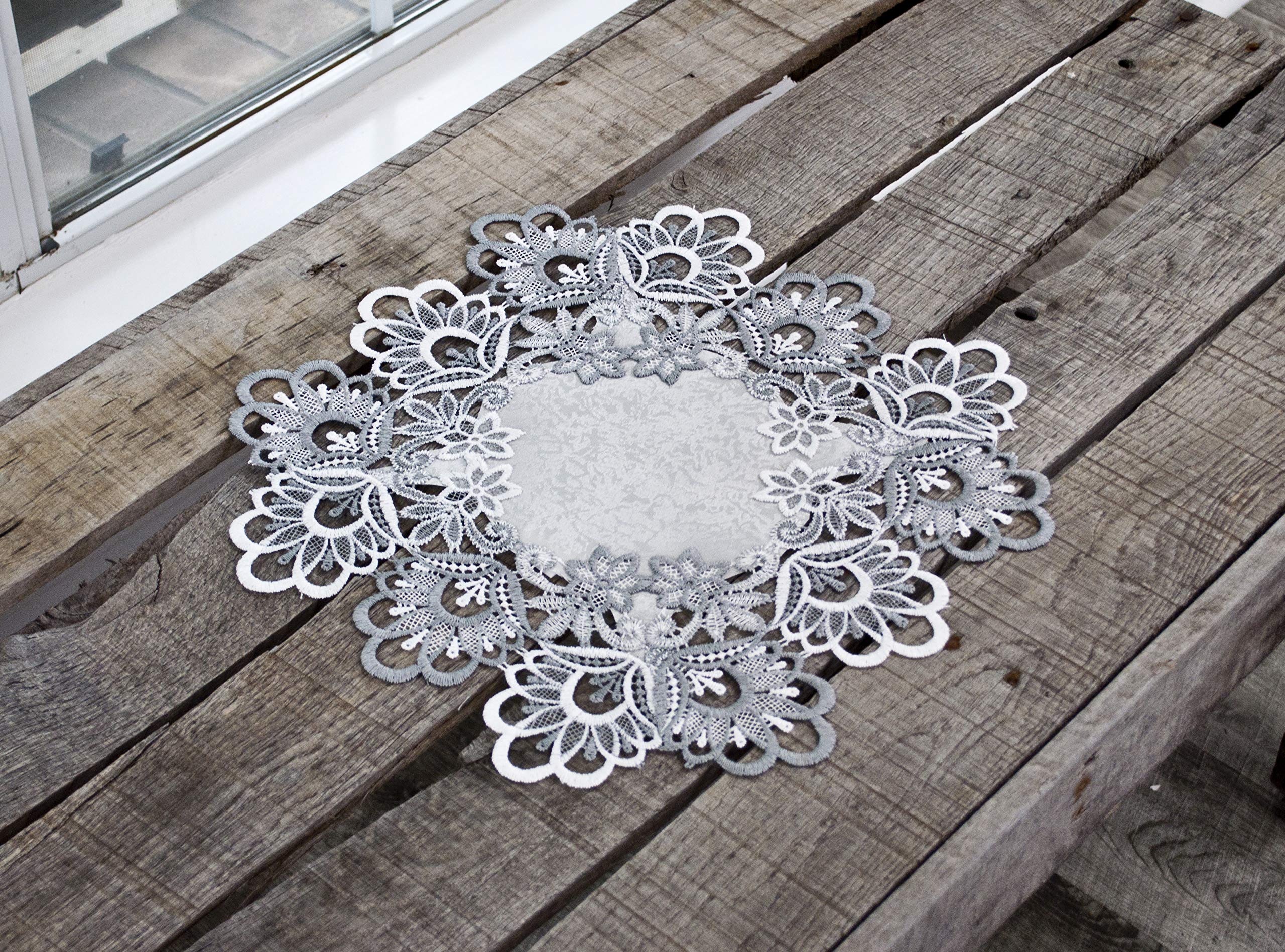 Silver Antique Jacquard Peacock Tail Lace Doily, Place Mat, Table Centerpiece, Table Topper (14 Inch Square)