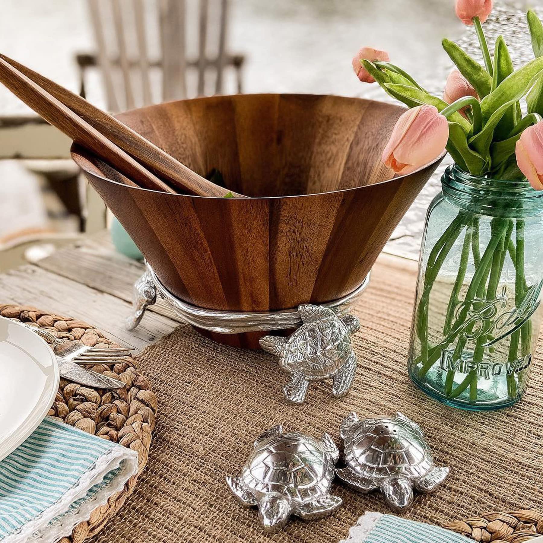Arthur Court Acacia Wood Salad Serving Bowl With Swimming Sea Turtle Metal Cast Aluminum Stand - Ocean/Coastal Table 2 Pieces