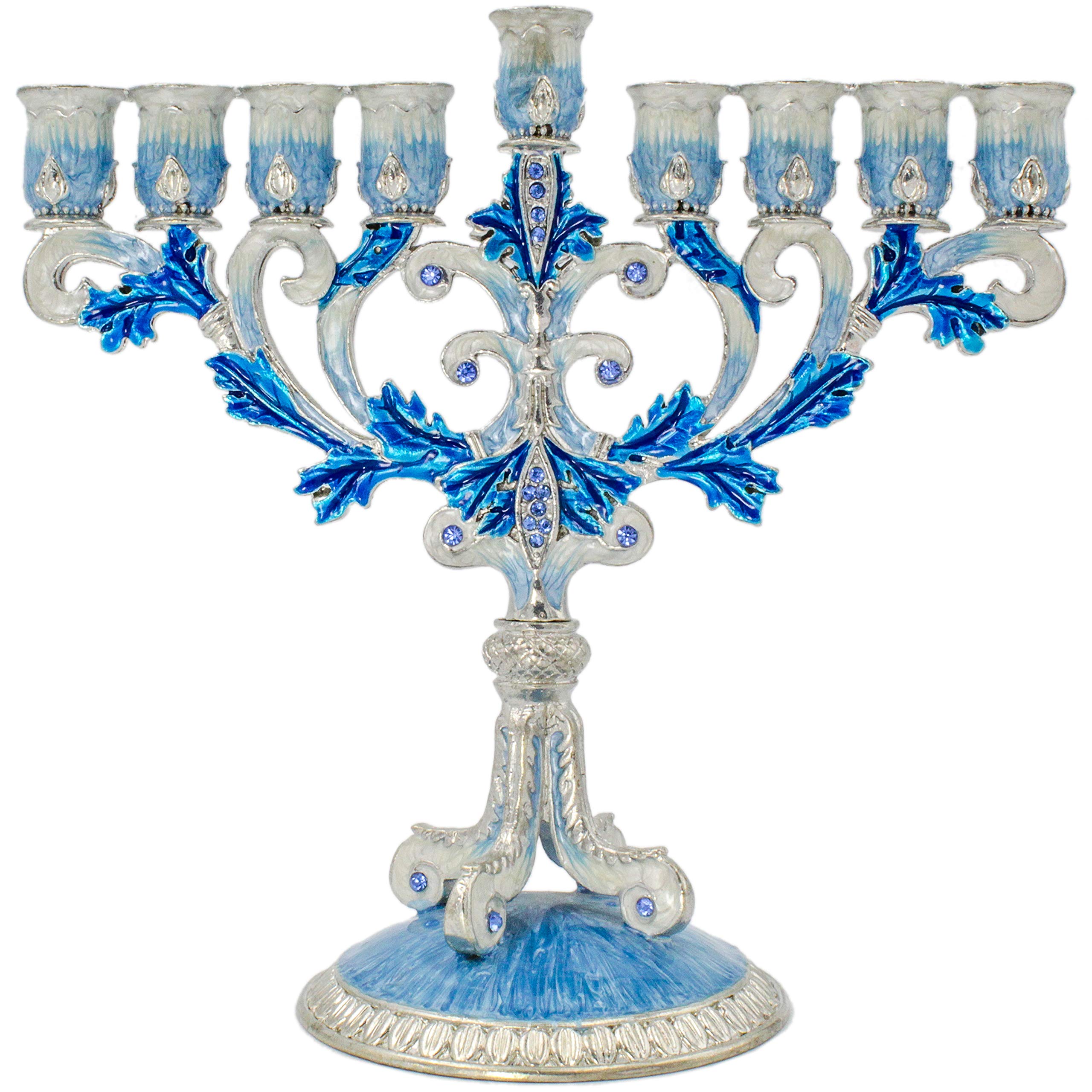 The Dreidel Company Enameled Metal Menorah with Jeweled Accents (Hand-Painted Enamel Menorah Blue/White/Silver)