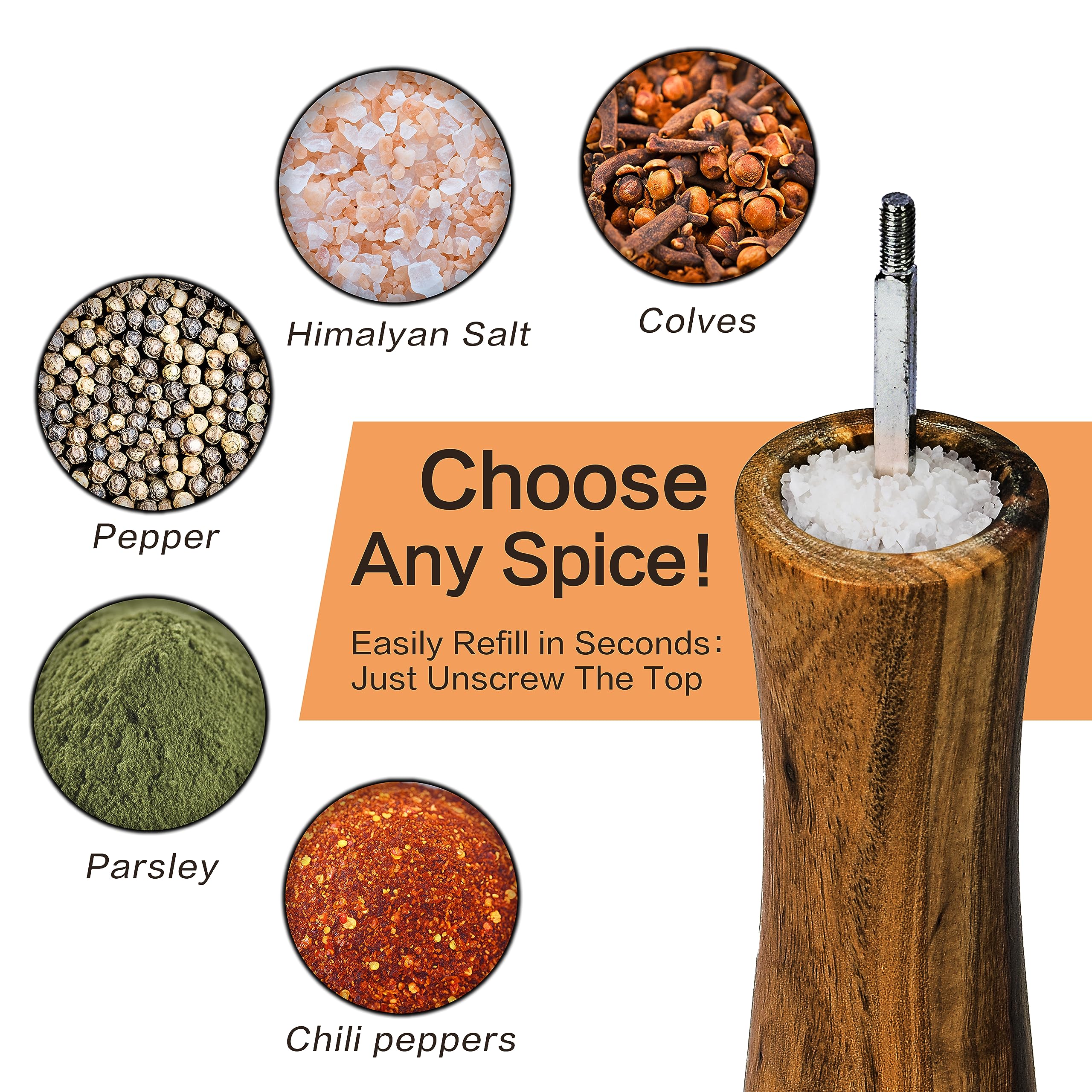 Finnhomy Salt And Pepper Grinder Set, Acacia Wood Adjustable Coarseness Pepper Mill With Wooden Stand, Cleaning Brush & Spoon, P