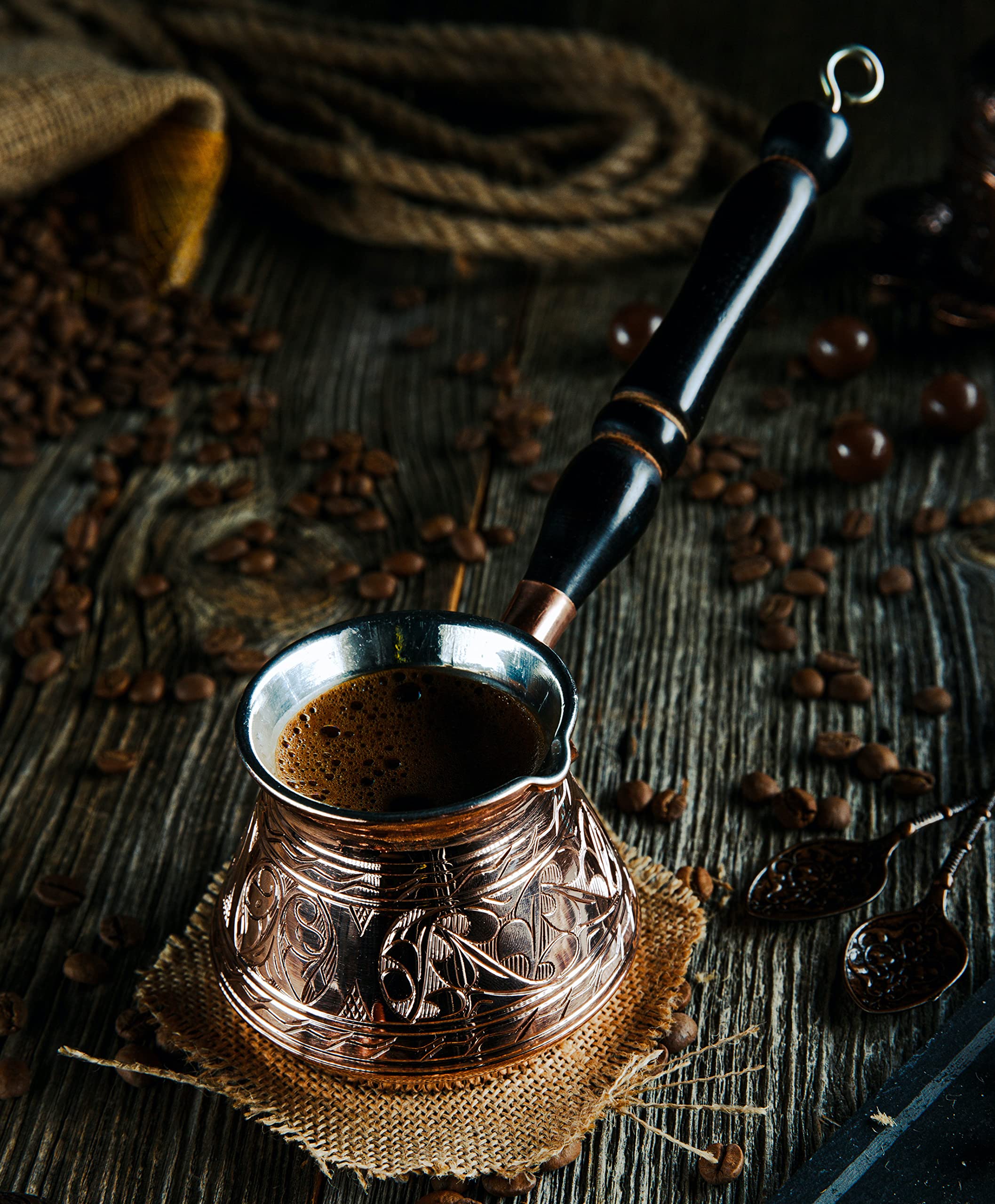 Demmex Thickest Copper Turkish Greek Arabic Coffee Pot, Stovetop Coffee Maker, Cezve Ibrik Briki With Wooden Handle & Wooden Spo