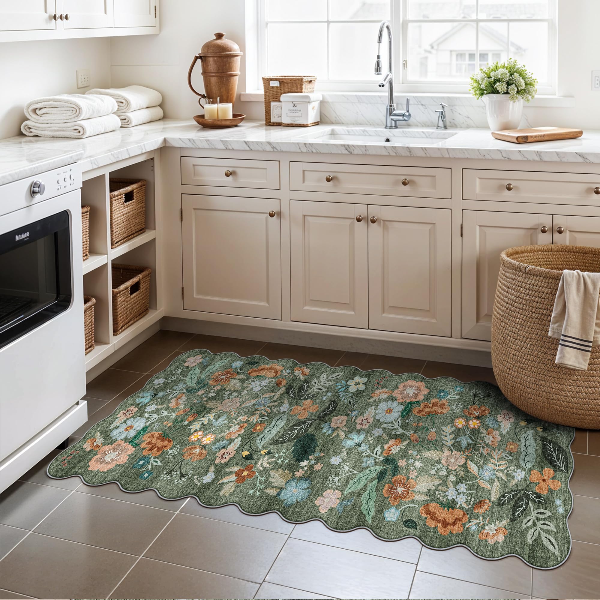 2x5 Washable Kitchen Area Rug: Floral Scalloped Entryway Runner Farmhouse Non-Slip Floor Carpet for Hallway Bathroom Soft Comfor