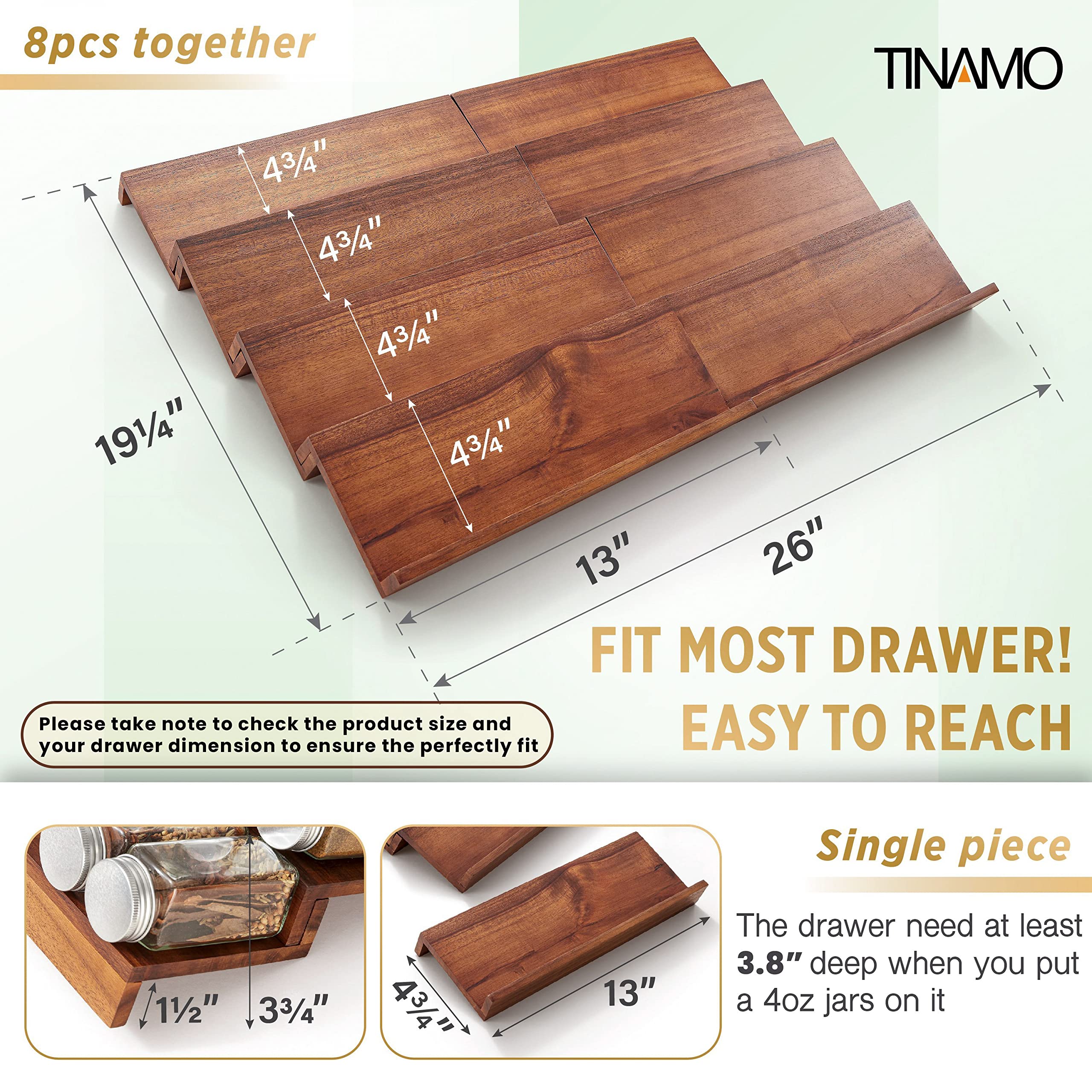 Tinamo Wood Spice Drawer Organizer - Acacia Wooden Tray Spice Racks Organizer for Cabinet Storage Shelf - 4 Tier Spice Rack Orga