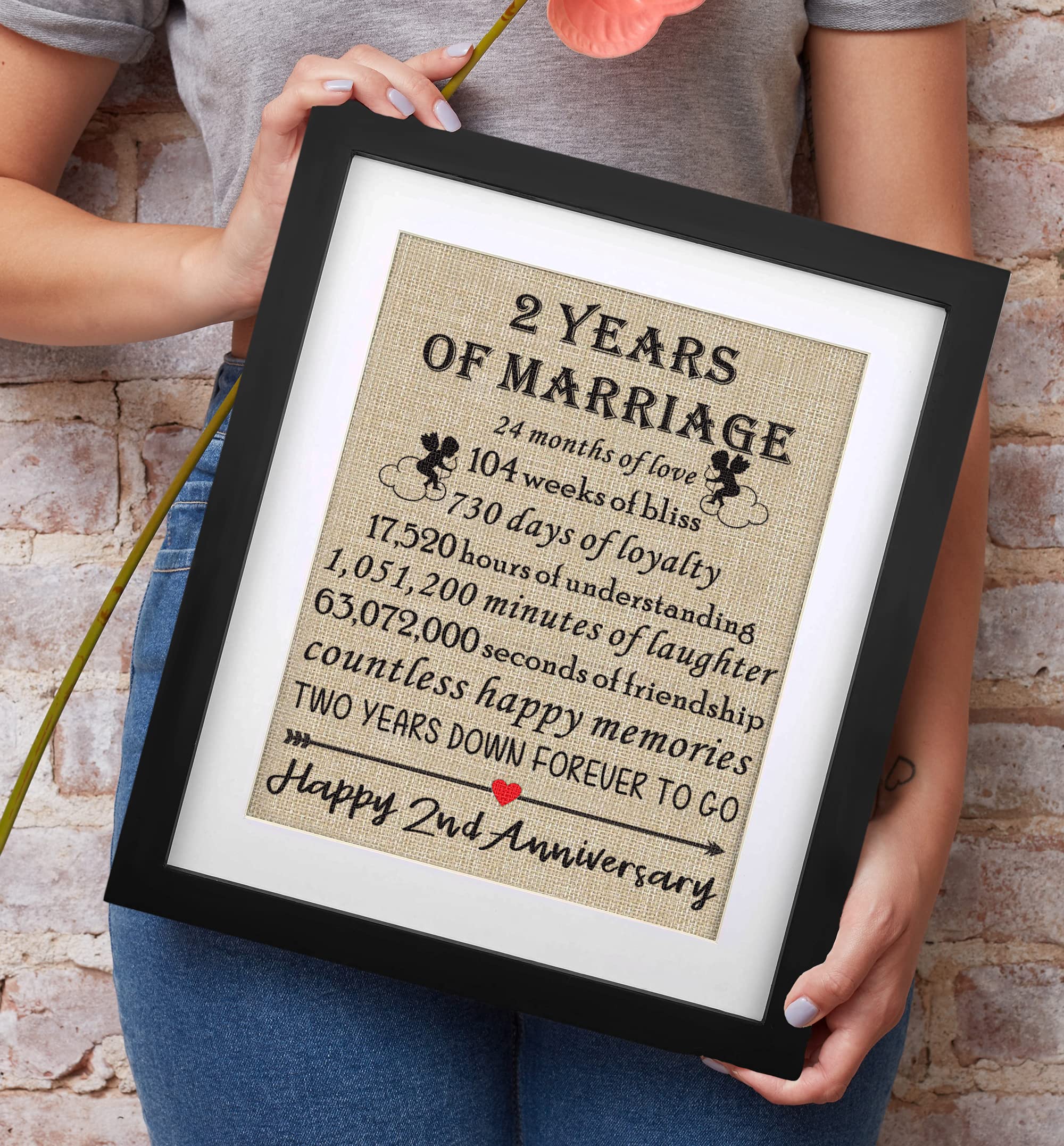 Framed 2nd Anniversary Burlap Print Gifts for 2nd Wedding Anniversary Keepsake Gift for Husband Wife Cotton Anniversary 2 Years of Marriage Couples Gift for 2nd Anniversary (Frame - 2nd)