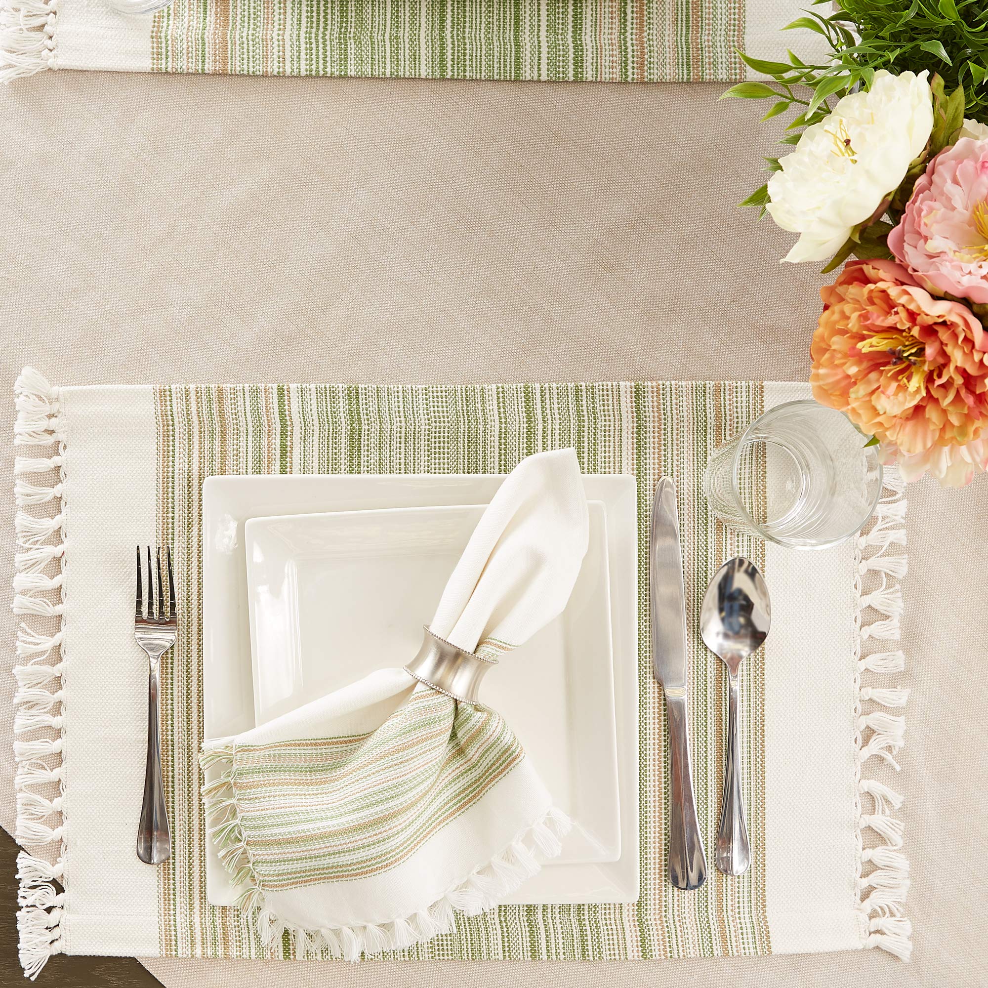Dii Everyday Collection Fringed Stripe Tabletop, Placemat Set, 13X20, Thyme