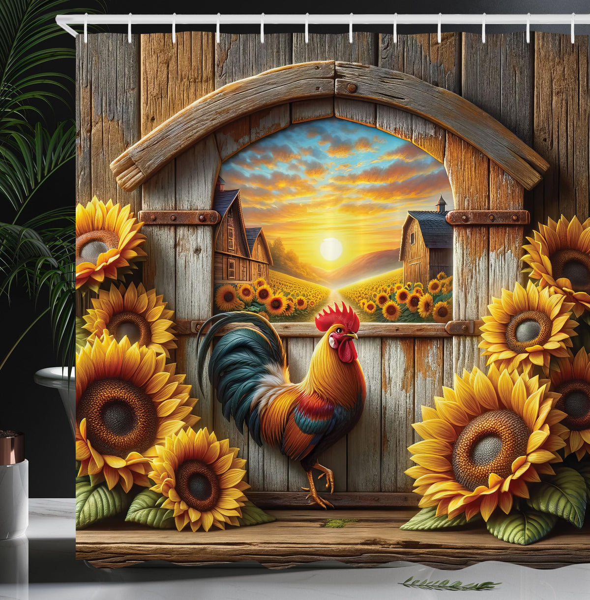 Ambesonne Rustic Shower Curtain, Farmland Sunset With Rooster And Blooming Sunflowers Weathered Barn, Cloth Fabric Bathroom Deco