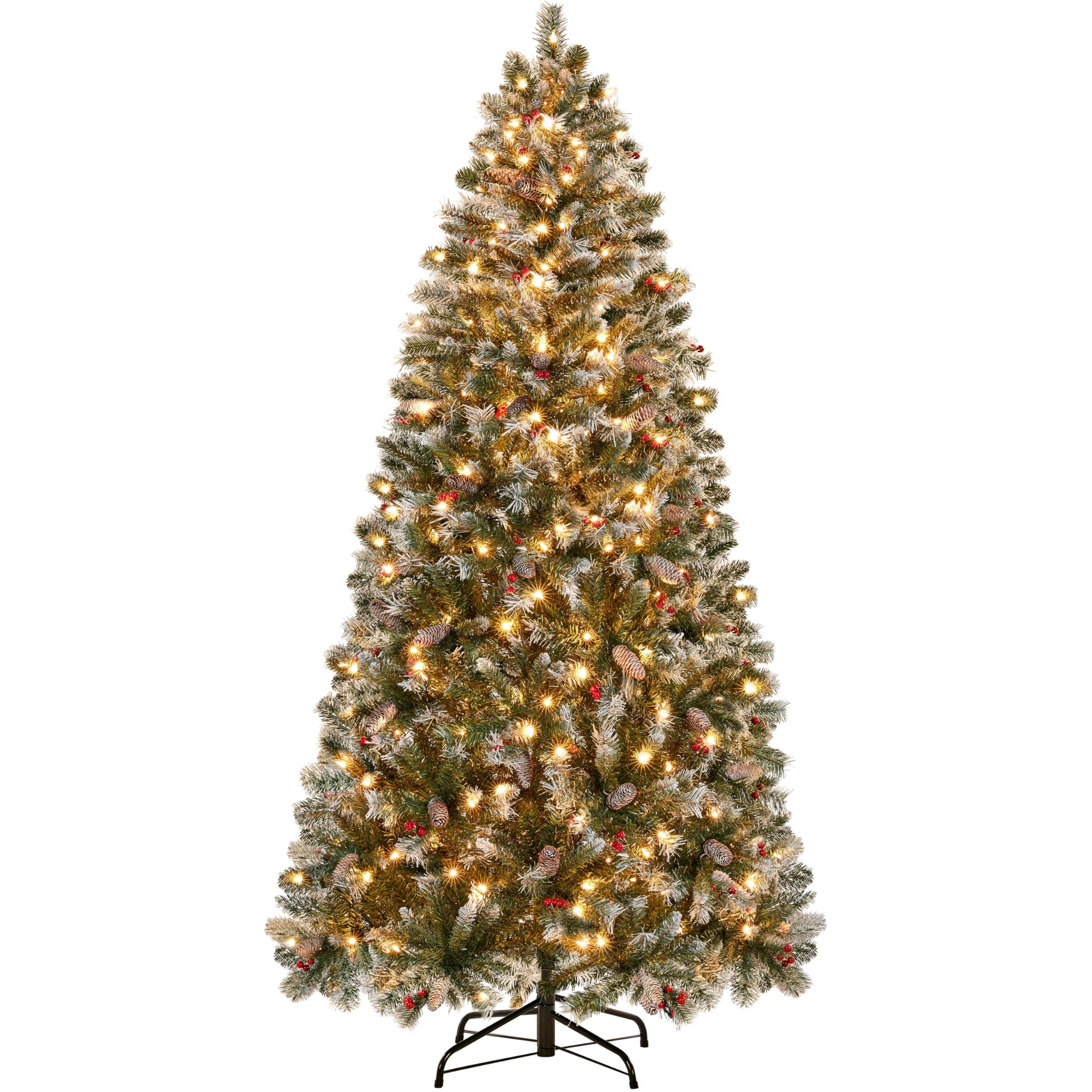Yaheetech 6ft Pre-lit Frosted Artificial Hinged Christmas Tree with 818 Flocked PVC Tips,62 Pine Cones,62 Holly Berries & 250 Wa