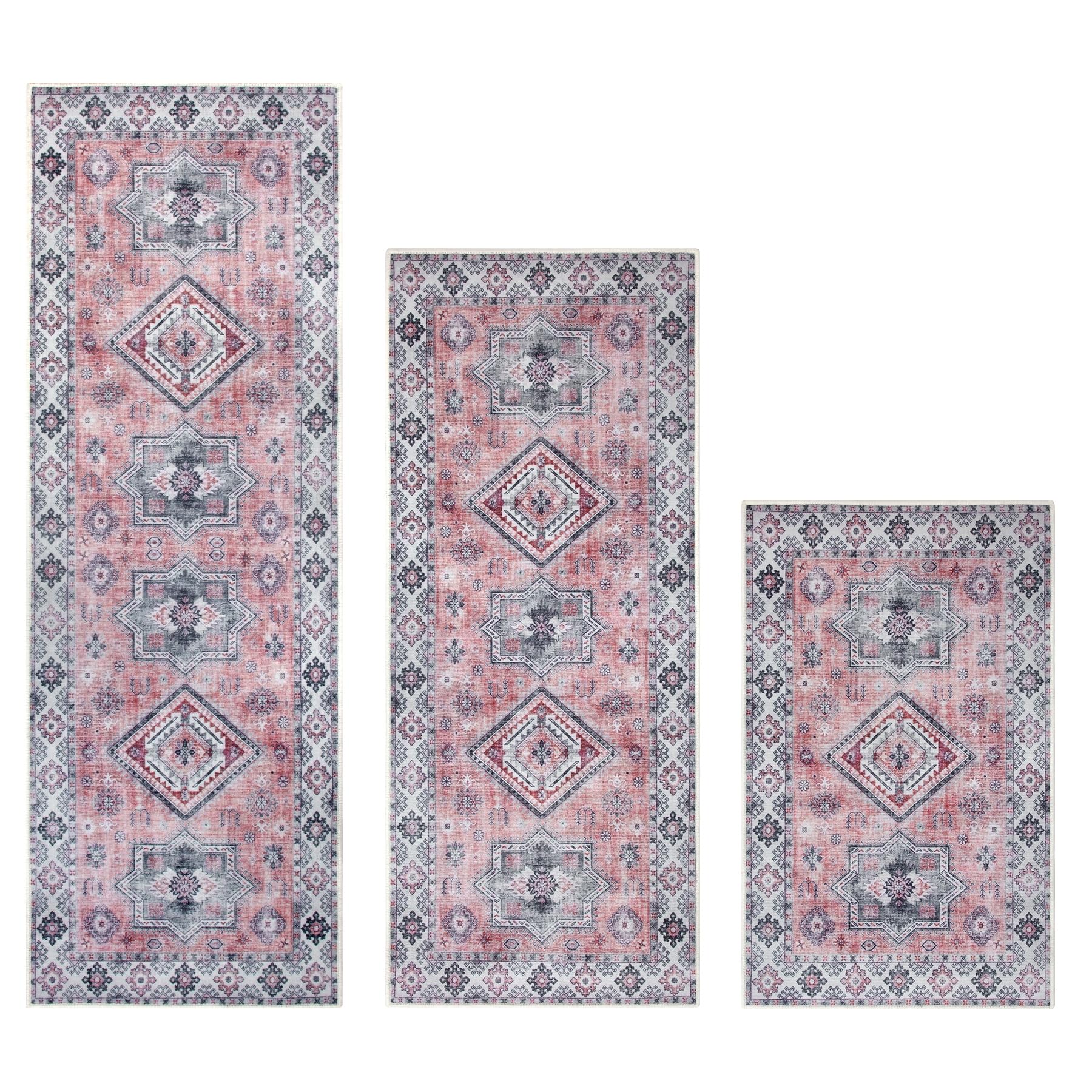 MATBAR Kitchen Rugs Sets of 3 Non Slip Washable Kitchen Mats for Floor 3 Piece Set Pink Kitchen Mat Set Boho Runner Rug Carpets 