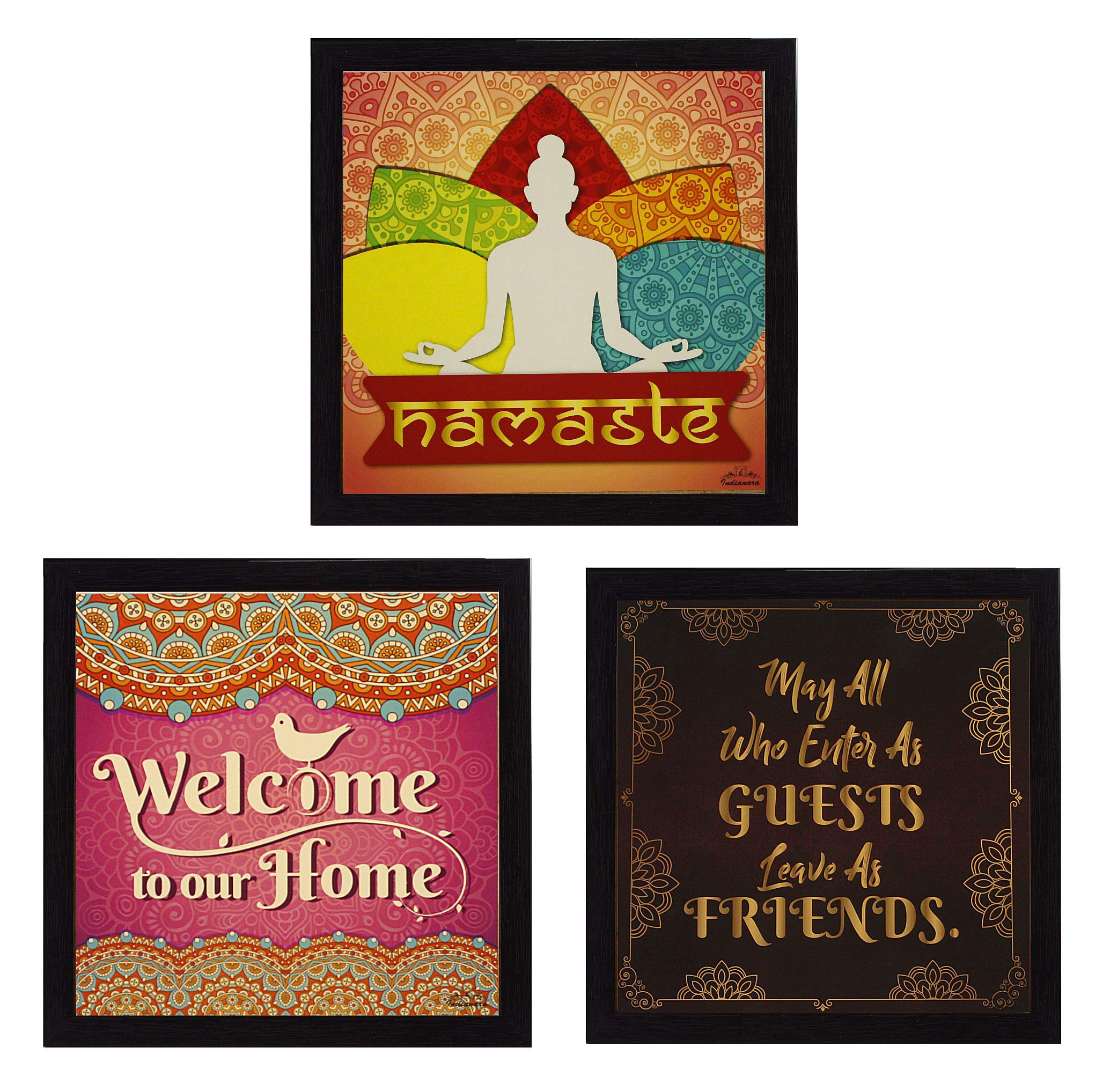 Indianara 3 Piece Set of Framed Wall Hanging Welcome Home Decor Art (1519) Prints 8.7 inch X 8.7 inch Without Glass (9.5 inch x 