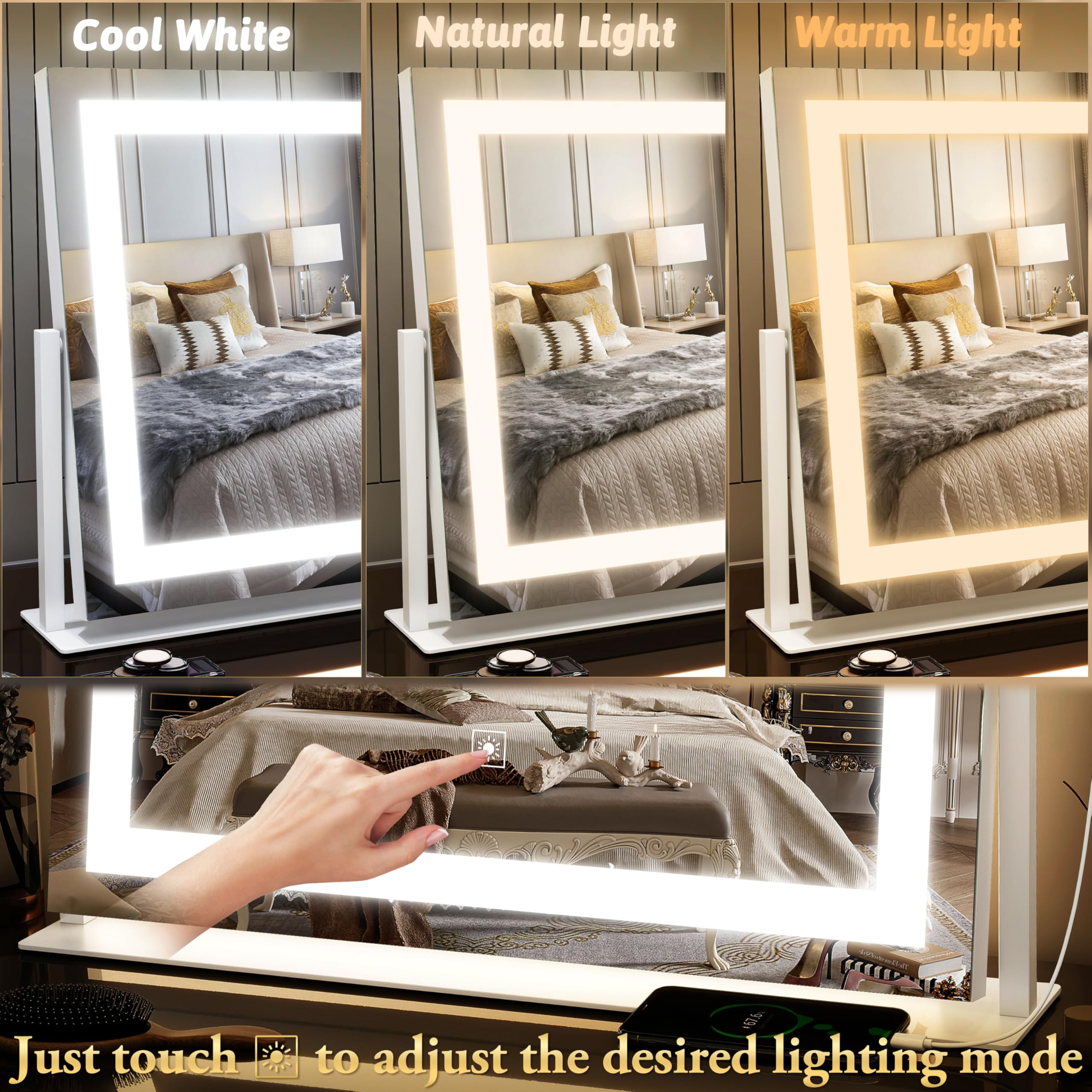 Fennio Vanity Mirror With Lights 22''X18'' Makeup Mirror With Lights,Lighted Makeup Mirror With 10X Magnification And Usb,Smart