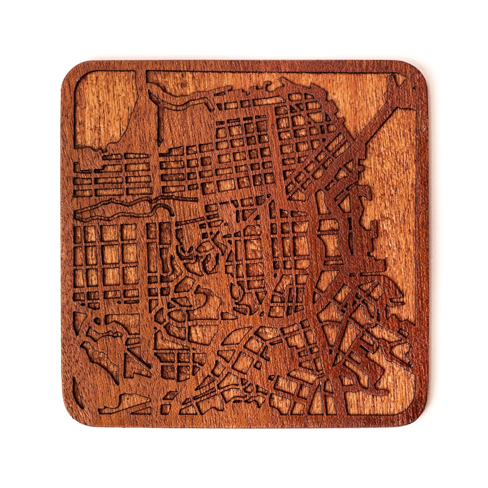 San Francisco Map Coaster By O3 Design Studio, 1 Piece, Sapele Wooden Coaster With City Map, Handmade, Multiple City Optional