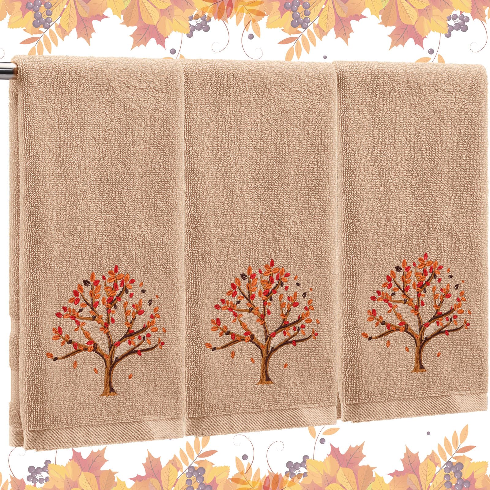 Fanfanwin 3 Pcs Thanksgiving Hand Towels for Bathroom 13.8 x 29.5 Inch Fall Decorative Bath Towels Sets 100% Cotton Embroidered 