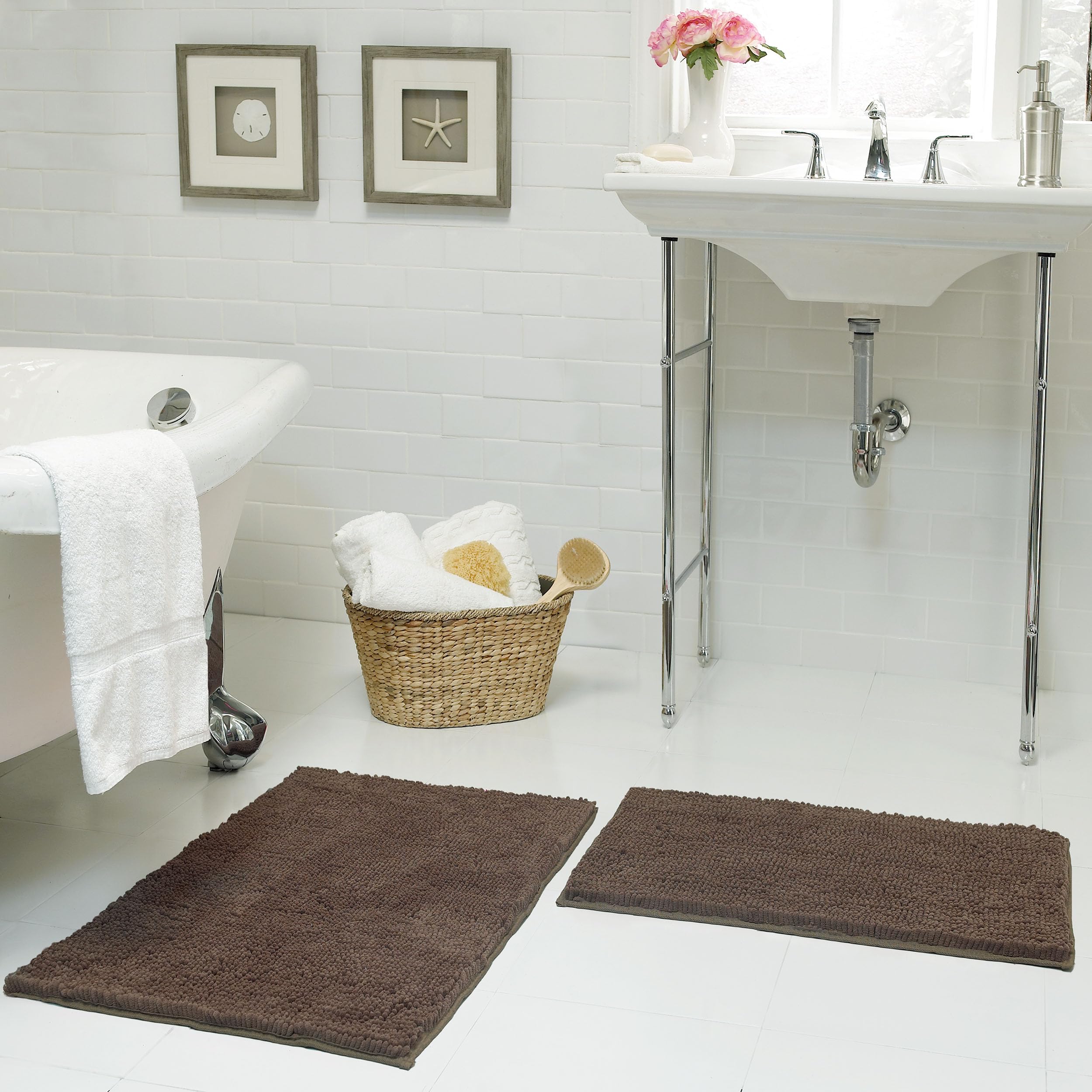 Resort Collection Plush Shag Chenille 2-Piece 17 X 24'' And 21 X 34'' Bath Mat Set, Mocha