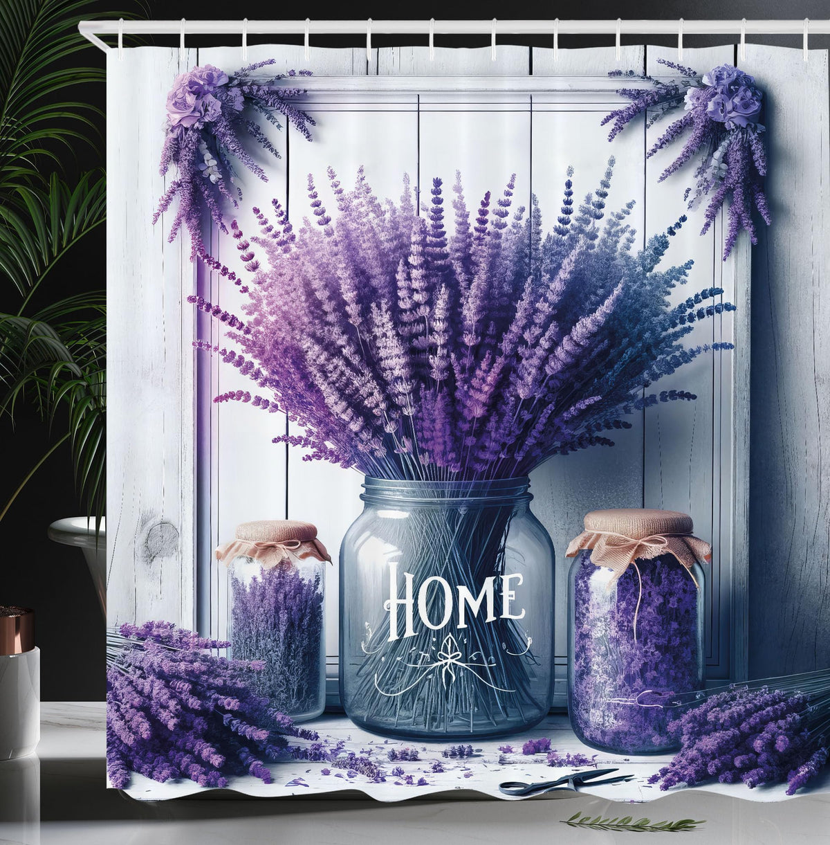 Ambesonne Purple Shower Curtain, Home Lettering With Lavenders In Jars And A Weathered Wooden Background, Cloth Fabric Bathroom