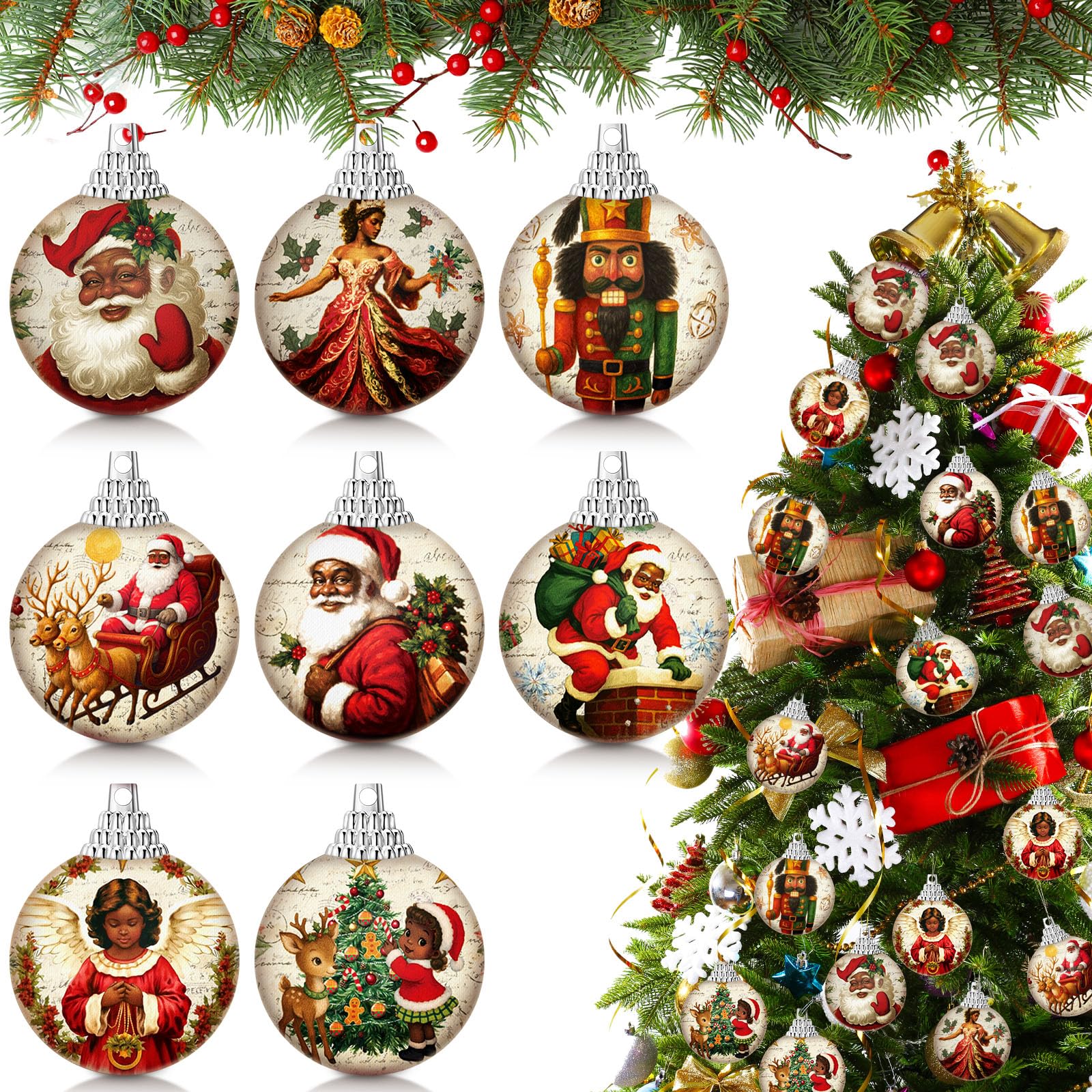 Outus 16 Pcs Santa Claus Black Ball Ornaments for Tree African American Christmas Hanging Ornaments Santa Claus Black Christmas 