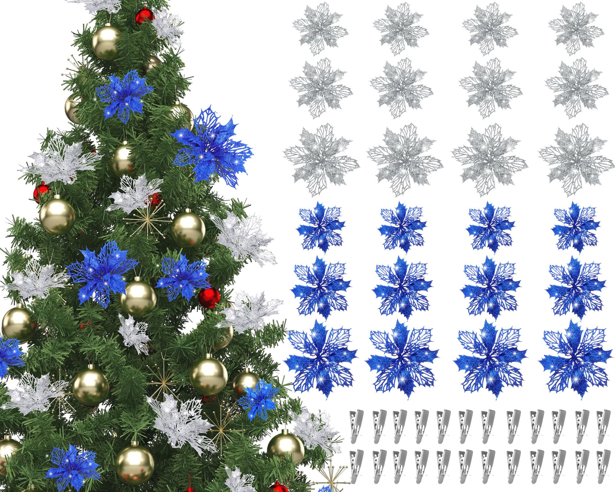 Boao 24 Pieces Blue and Silver Christmas Poinsettia Flowers Glitter with Clips Christmas Ornaments Decorations for Tree Artifici