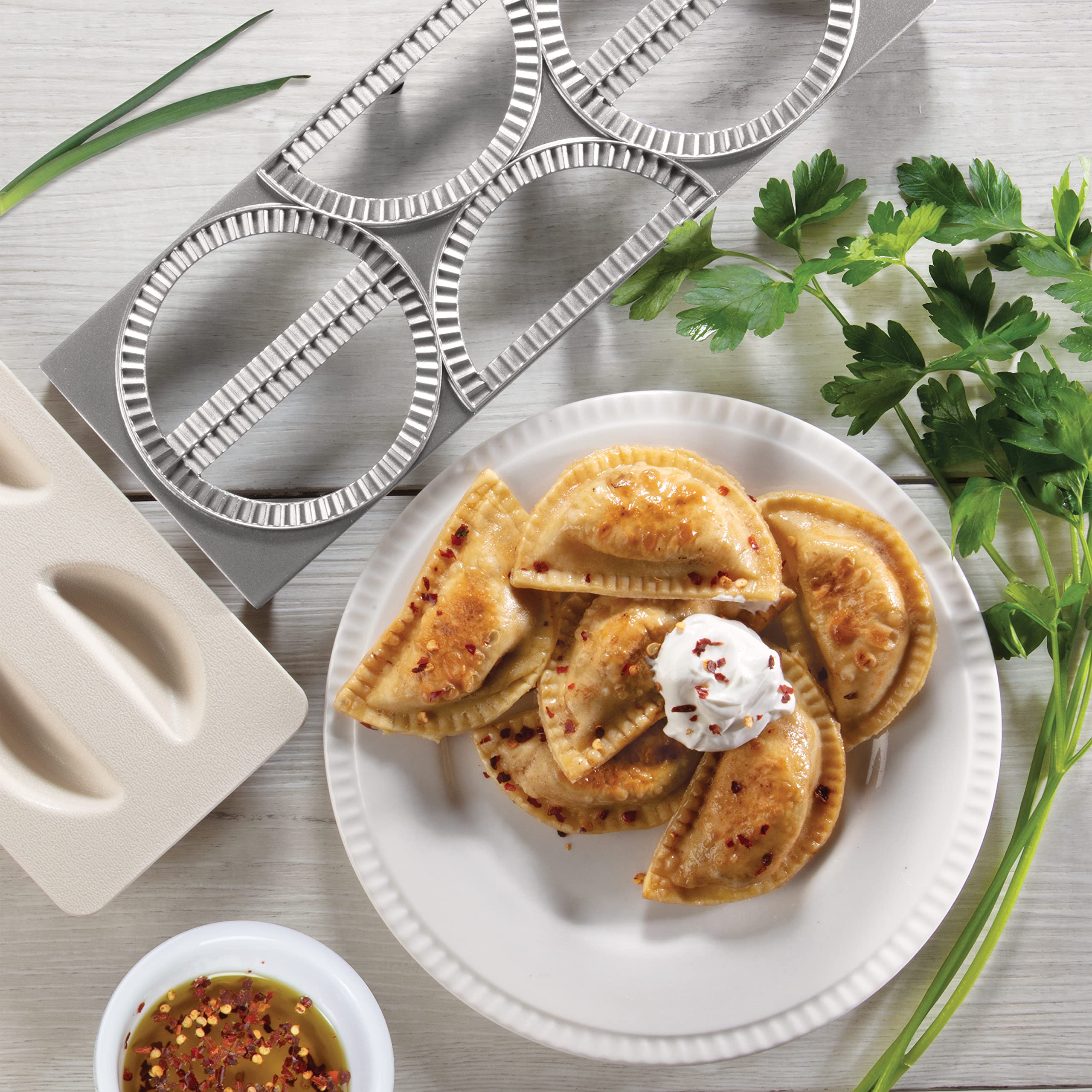 Cucinapro Pierogi Maker W Tray And Press - Makes 6 Pierogis, Dumplings, Potstickers Or Pastry At Once - Stainless Steel, Durable