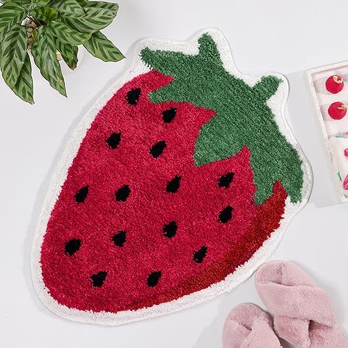 FROZZUR Strawberry Bathroom Rugs  Luxury Absorbent Non Slip Red Bathroom Mats  Fruit Shaped Bathtub Rug Bathroom Tub Fun Plush Shower Rugs Washable