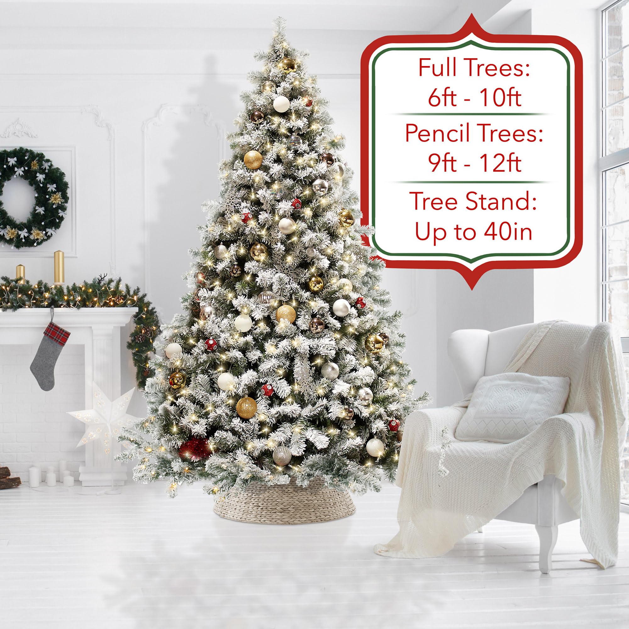 Casafield 42-Inch Christmas Tree Collar, Woven Water Hyacinth Tree Base Cover with Cord Cut Out, Whitewash