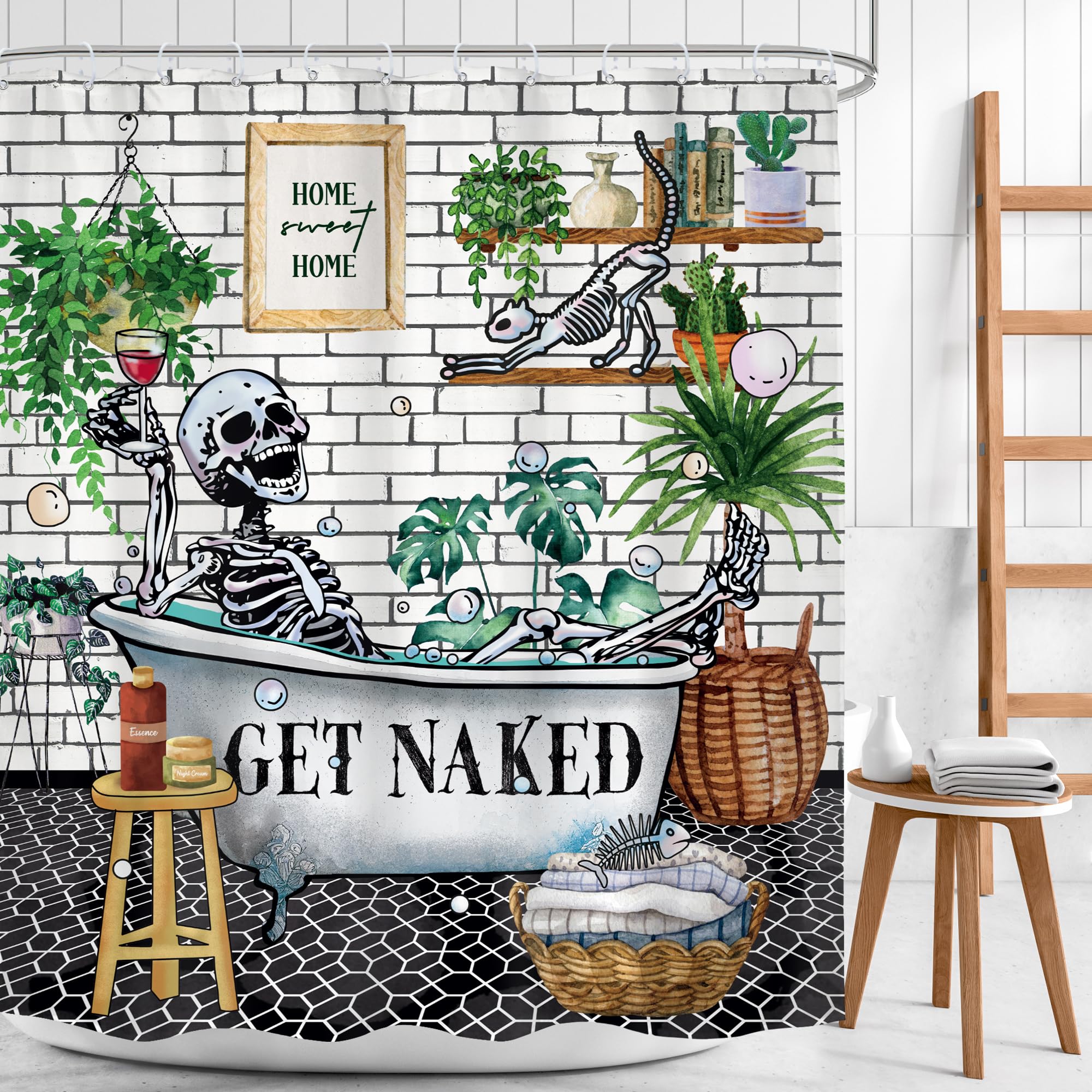 Mitpok Funny Skull Skeleton Shower Curtain 60Wx72H Gothic Rustic Tropical Plant Green Leaves Bone In Buthtub Bubble Cute Cat Bat