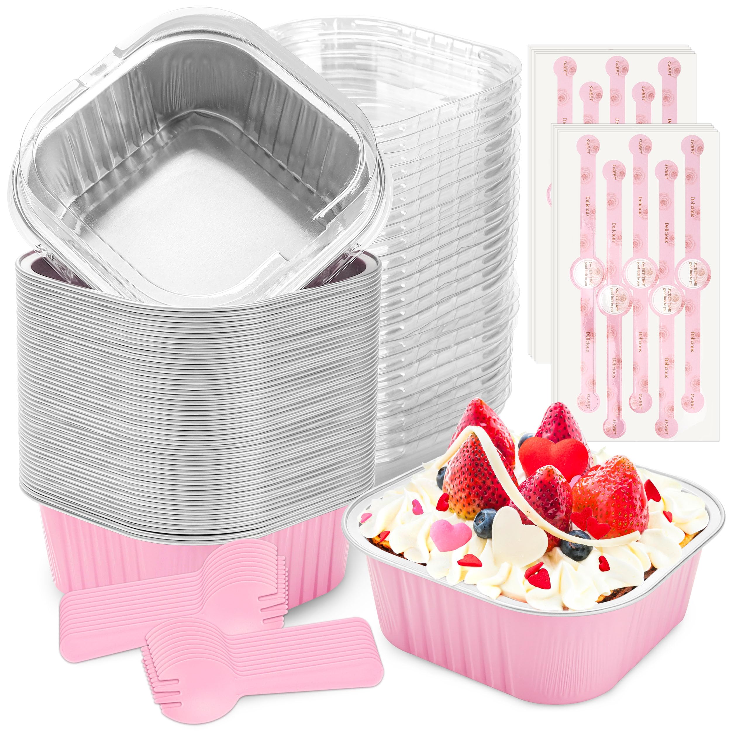 NPLUX 60 Pack Mini Cake Pans with Lids, Mini Aluminum Pans, Disposable Loaf Pans Cupcake Liners with Lids for Pudding, Souffle, 