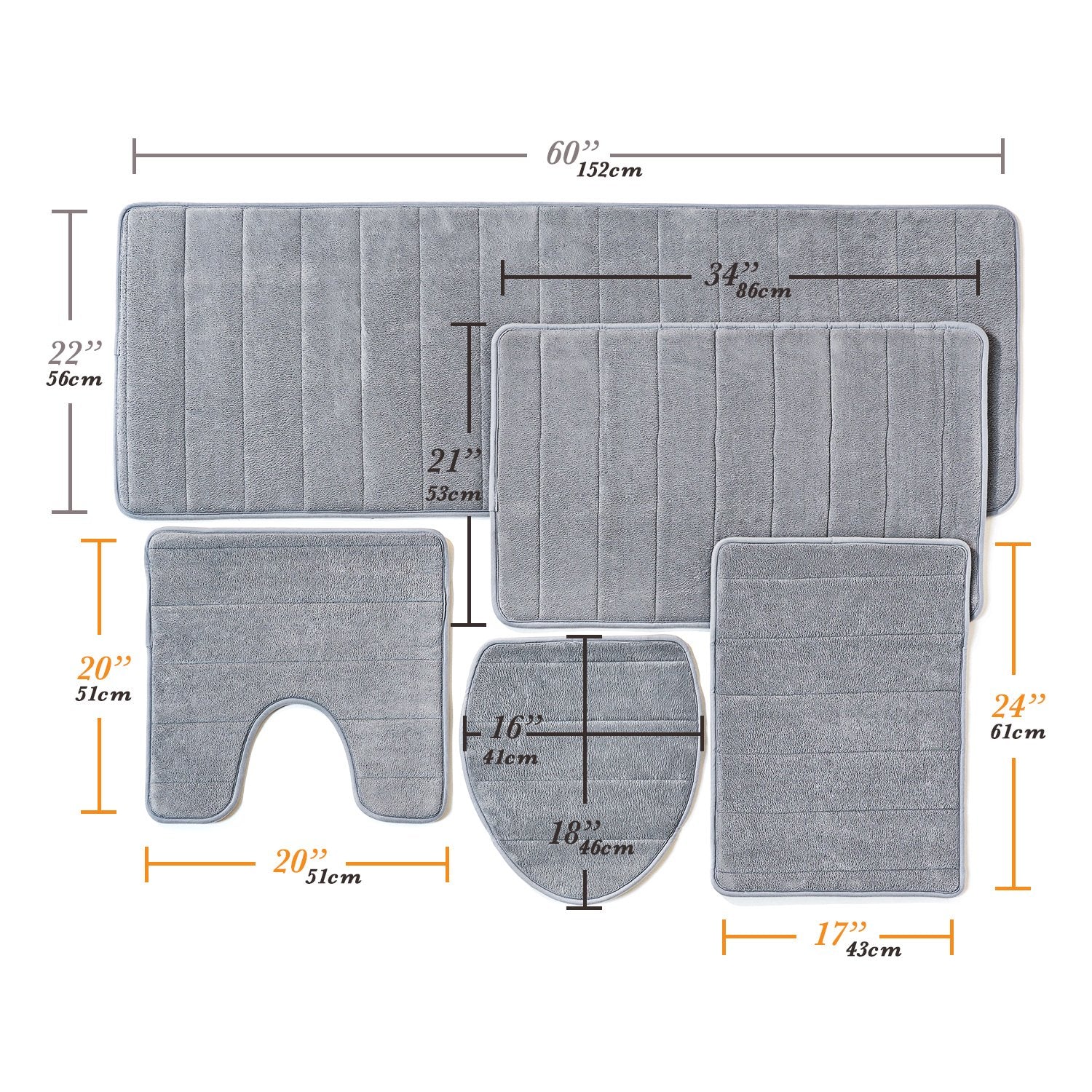 Over The Floor  Bath Mats 5-Piece Set Thick Memory Foam - Close Out Bathroom Rugs Set, Toilet Rug, Water Absorbent, Extra Soft,