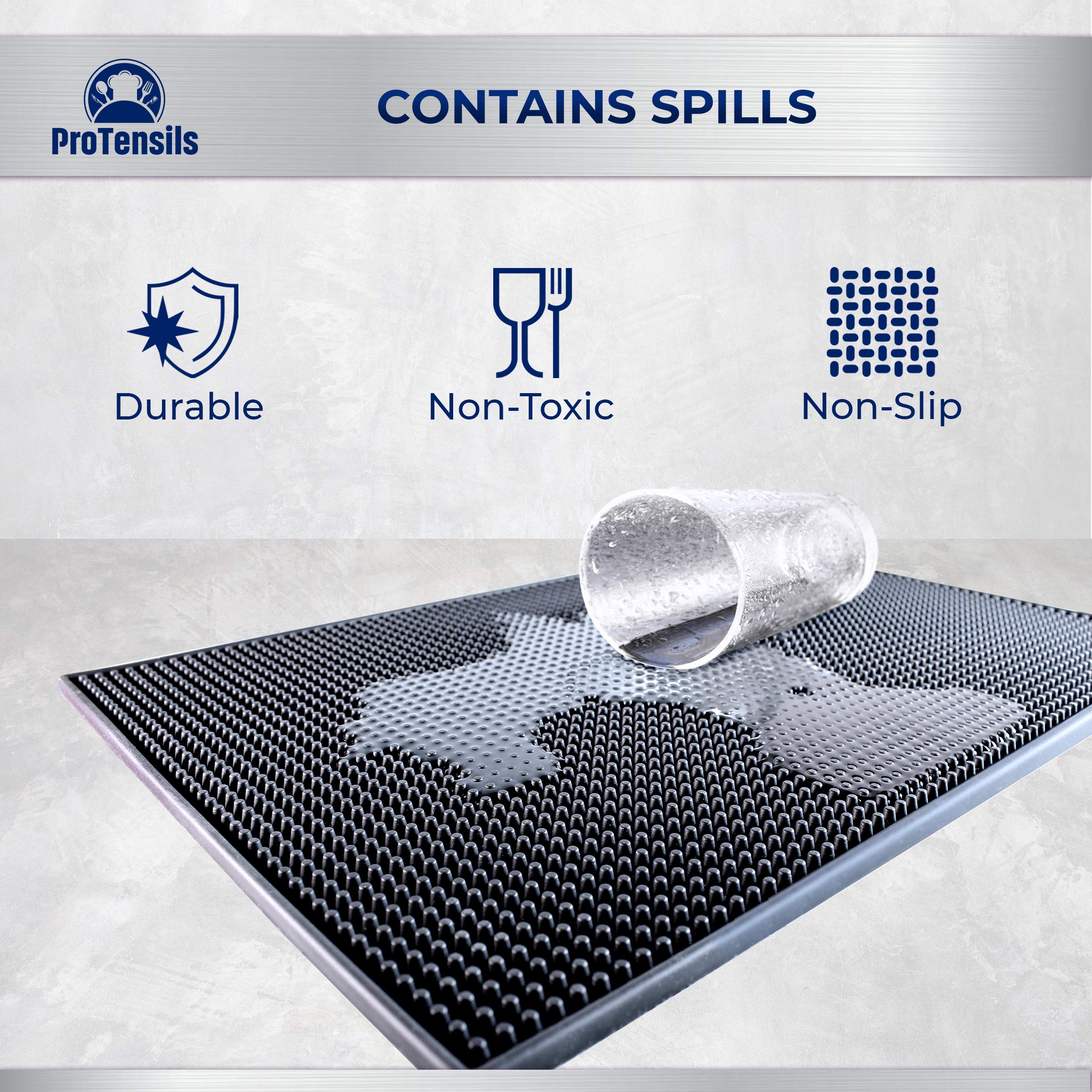 Rubber Bar Mat by ProTensils  18'' x 12''  Black Bar Mats  Bar Service Mat  Black Coffee Bar Mat  Spill Mat for Counter-Top (2 Pieces)
