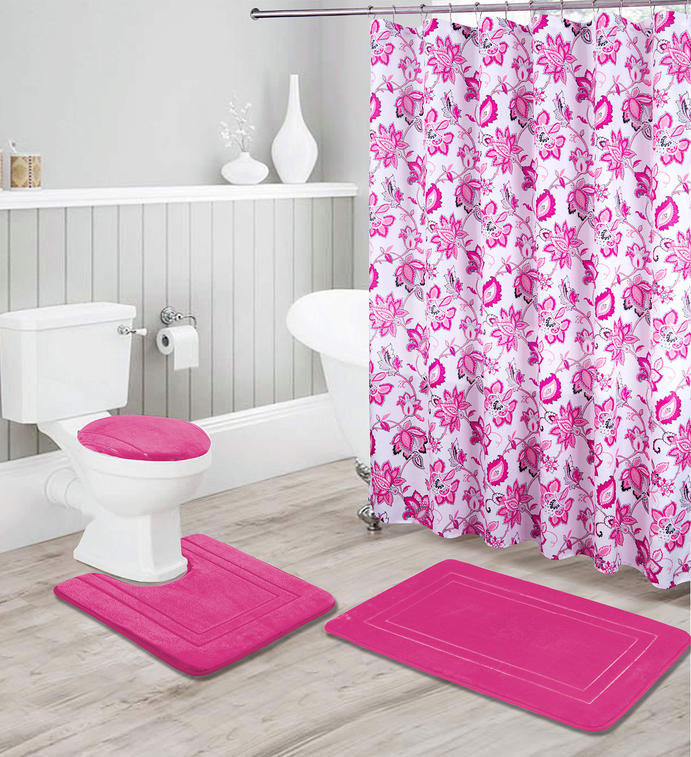 Bathroom Collection Hot Pink 16Pc Bathroom Accessory Set - Non-Slip Bath Mat, Non-Slip Contour Mat, Toilet Lid Cover And Waterpr