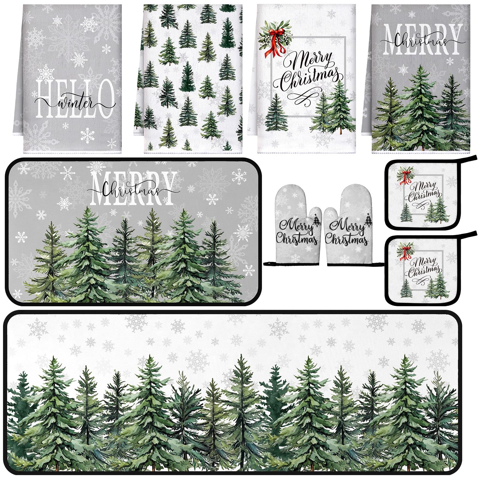 Fourluoo 10 Pcs Christmas Tree Snowflake Farmhouse Kitchen Decor Set Kitchen Dish Towels Rugs Oven Mitts and Pot Holders Set for