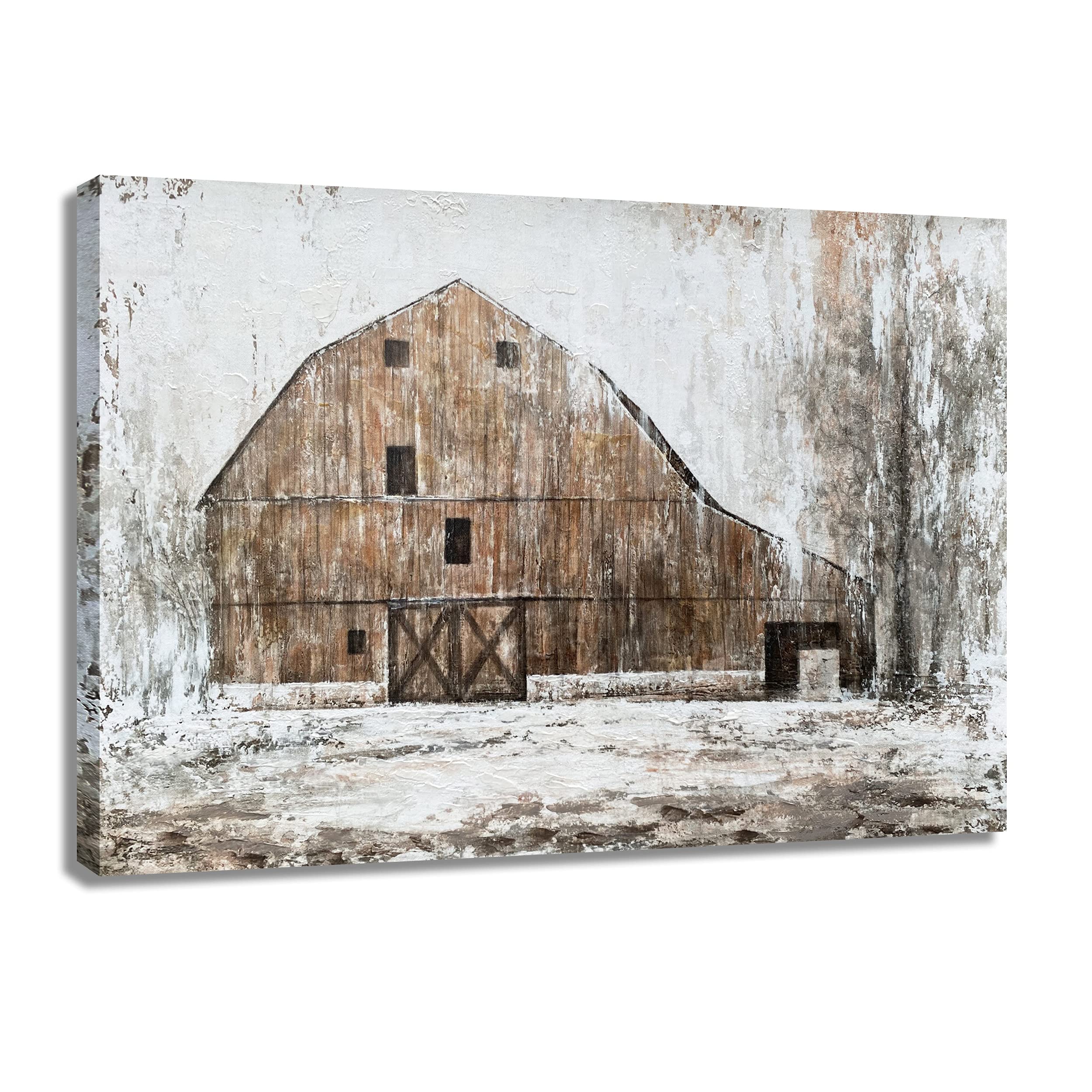 Batrendy Arts Rustic Farmhouse Wall Art Modern Brown Barn With White Texture 3D Country Themed Picture Artwork For Livingroom Re