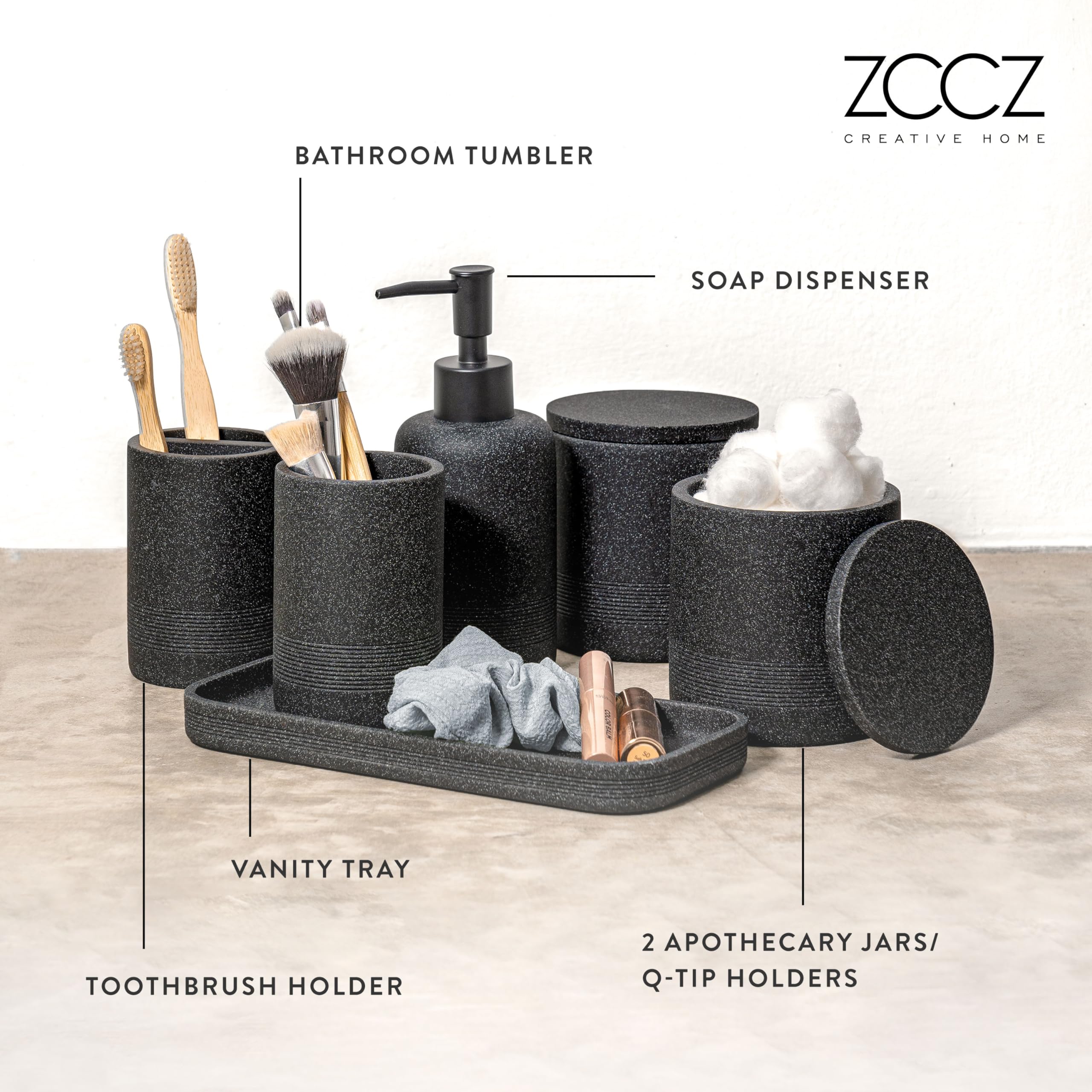 Zccz Black Bathroom Accessories Set 6 Pcs- Toothbrush Holder, Lotion Dispenser, 2 Qtip Container, Vanity Tray, Tumbler For Count