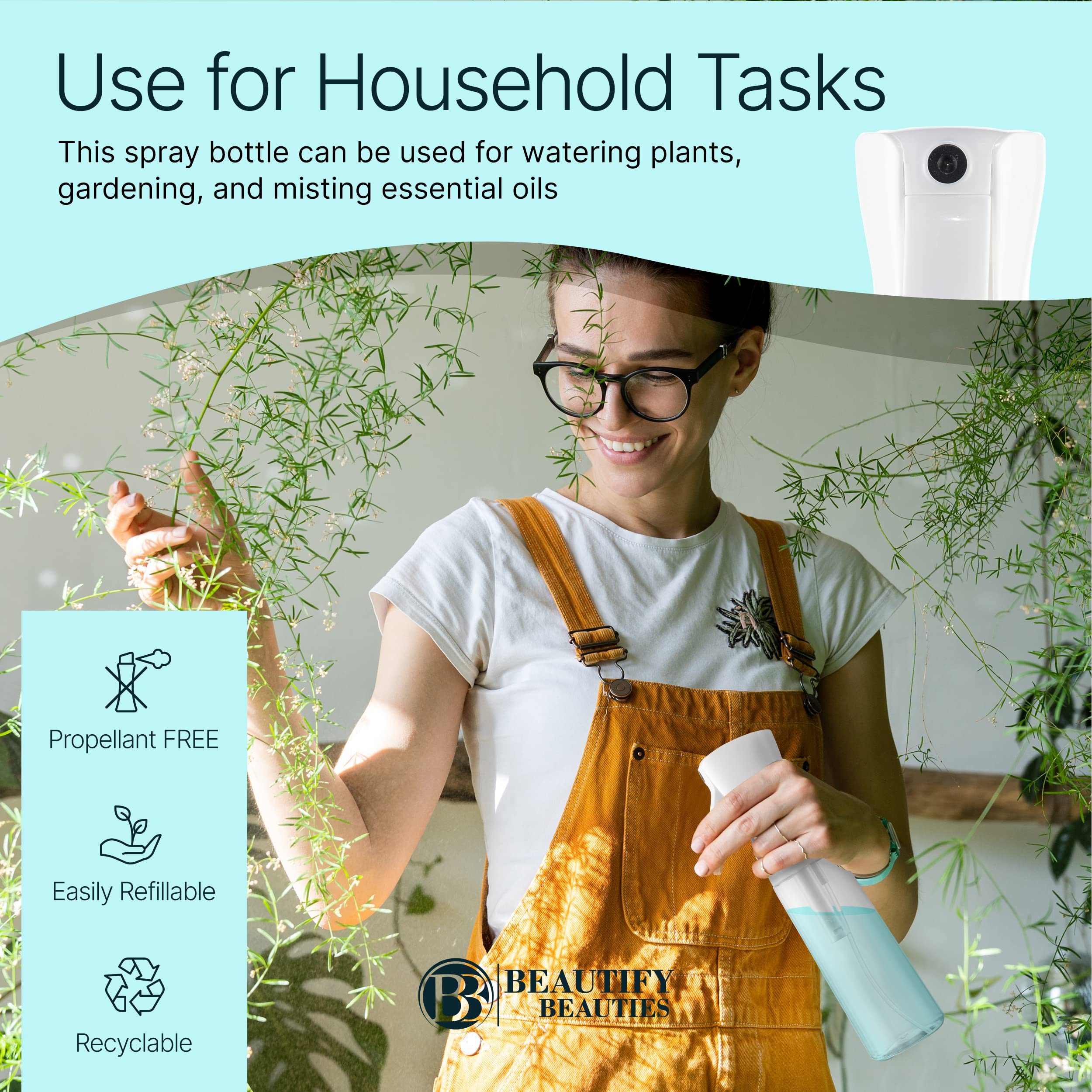 Beautifybeauties Spray Bottle For Hair - Continuous Mister Spray Bottle For Hairstyling, Cleaning, Plants, Pets, Barbers, Salons