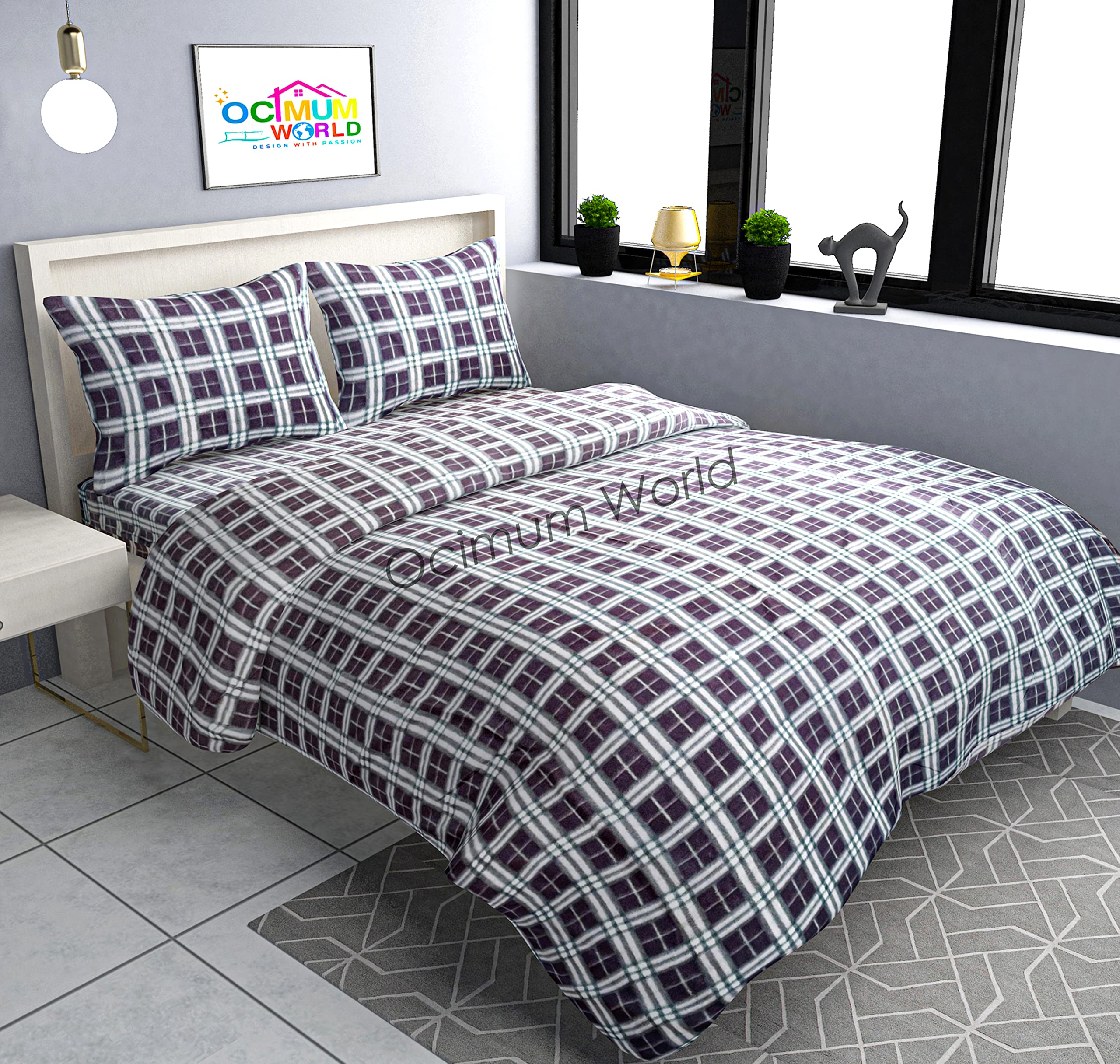 Morado Woolen Heavy Fleece Warm Checkered Double Bedsheet With Two Pillow Covers With Zipper For Winters (90100 Inches, Light Gr