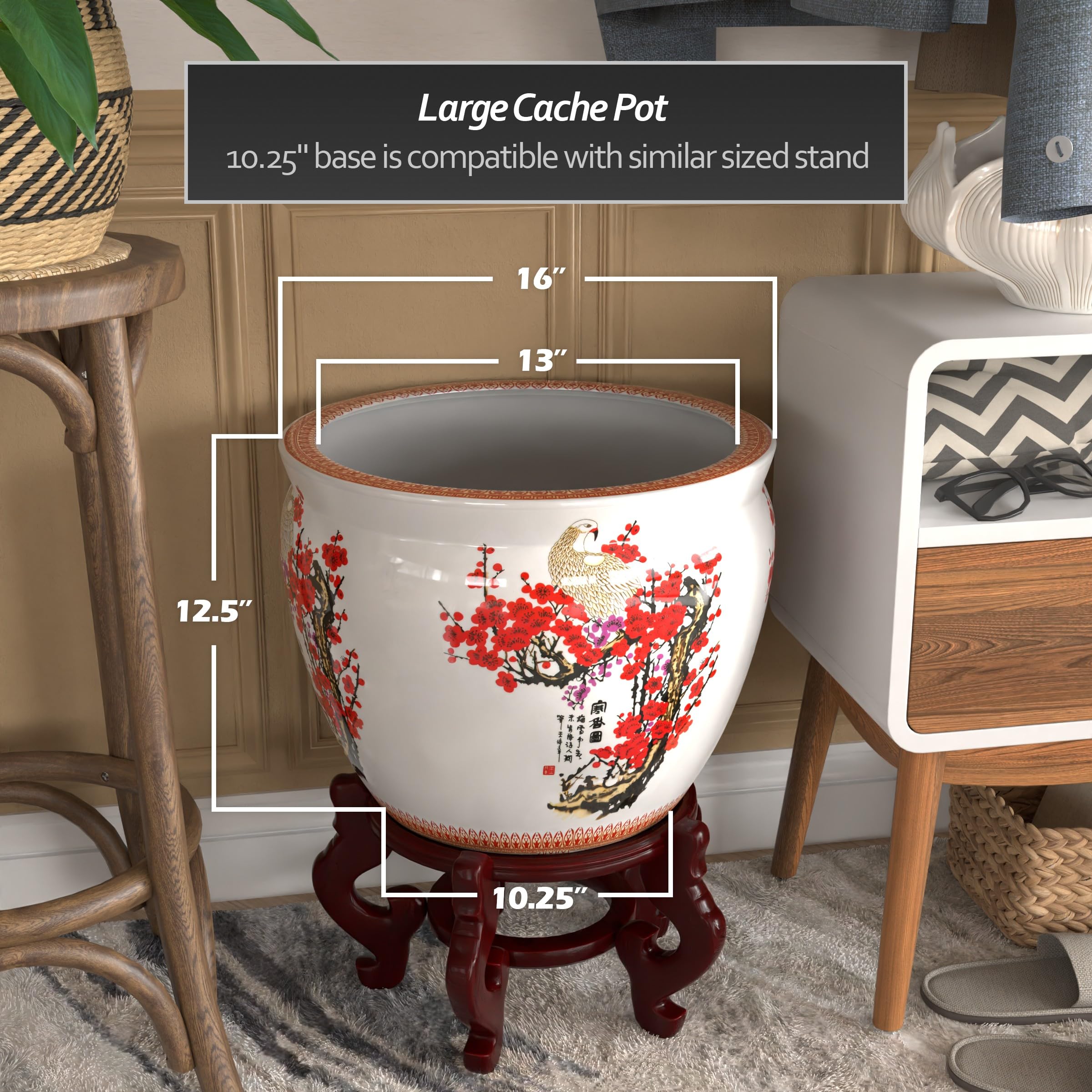 Red Lantern 16 Cherry Blossom Porcelain Fishbowl Planter
