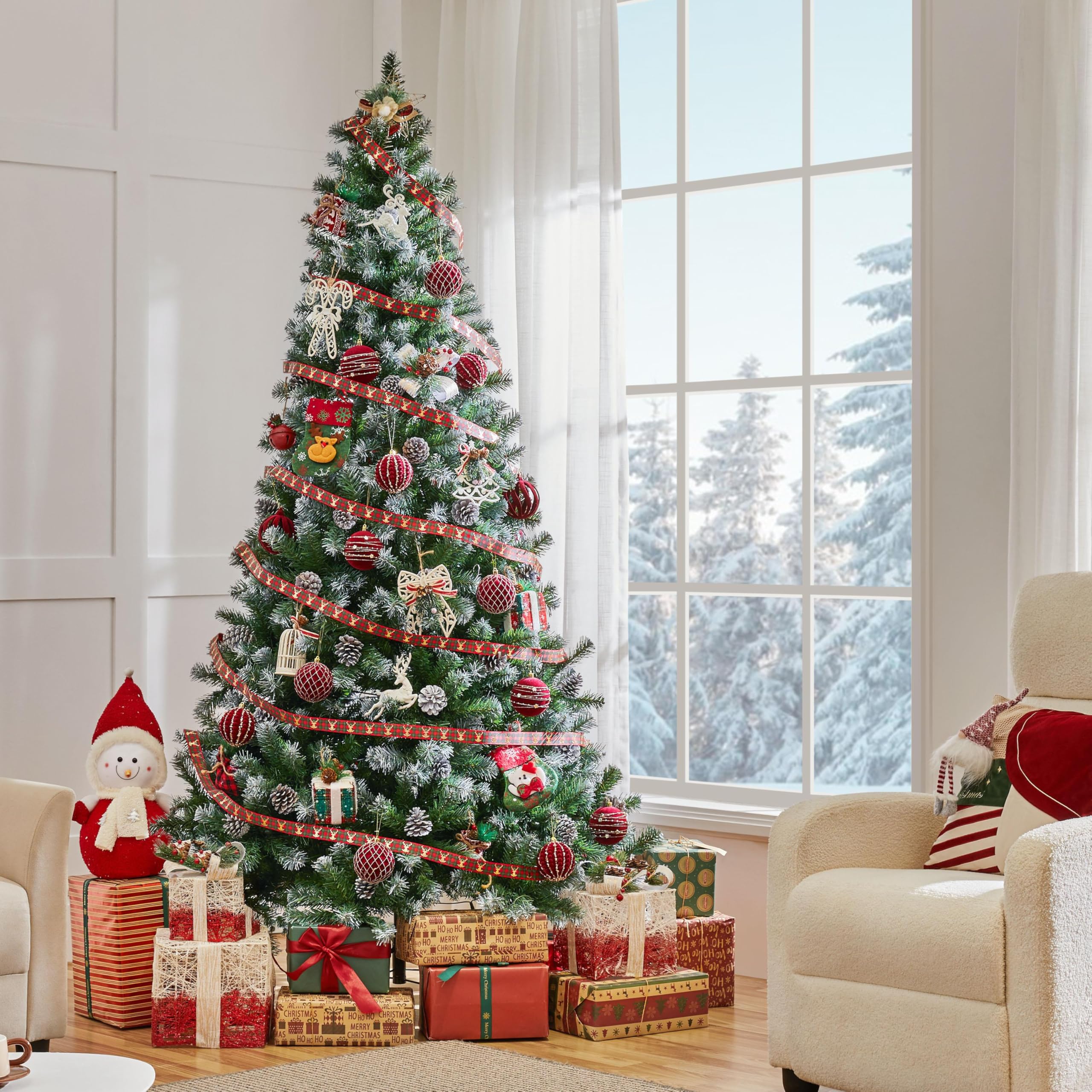 Yaheetech 7.5ft Artificial Christmas Tree, Snow Flocked Christmas Tree w/82 Pinecones, 1346 Frosted Tips, Pre-Decorated Tree for