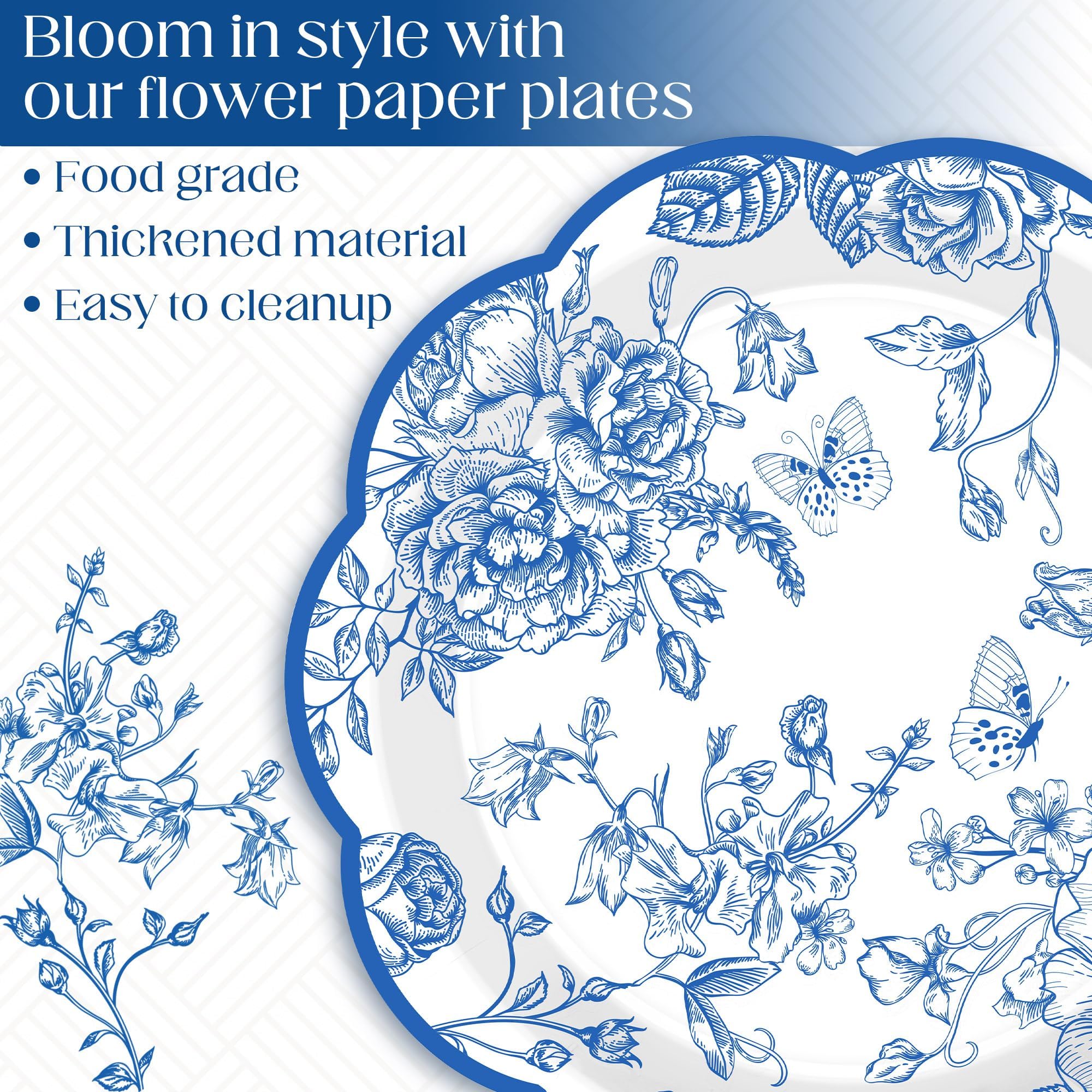 Kochorie 150 Pieces Blue Flower Paper Plates 7 Inches Disposable Floral Paper Plates Scalloped Blue Chinoiserie Vintage Flower D