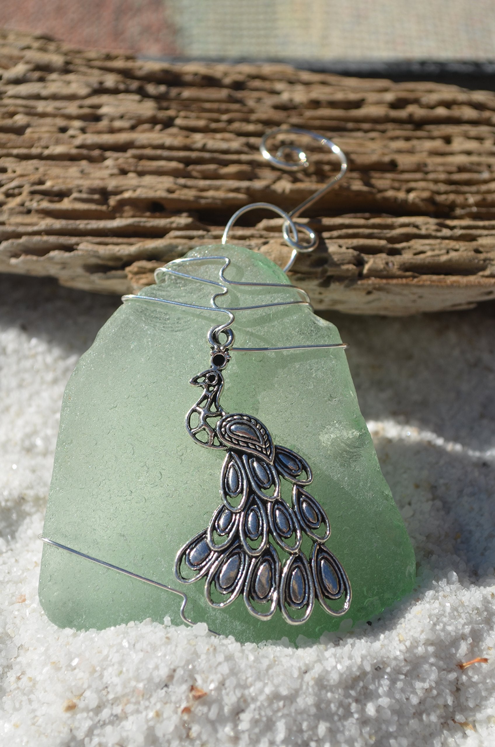 DejaVu Designs Silver Peacock Charm on a Genuine Sea Foam Sea Glass Ornament - Made to Order
