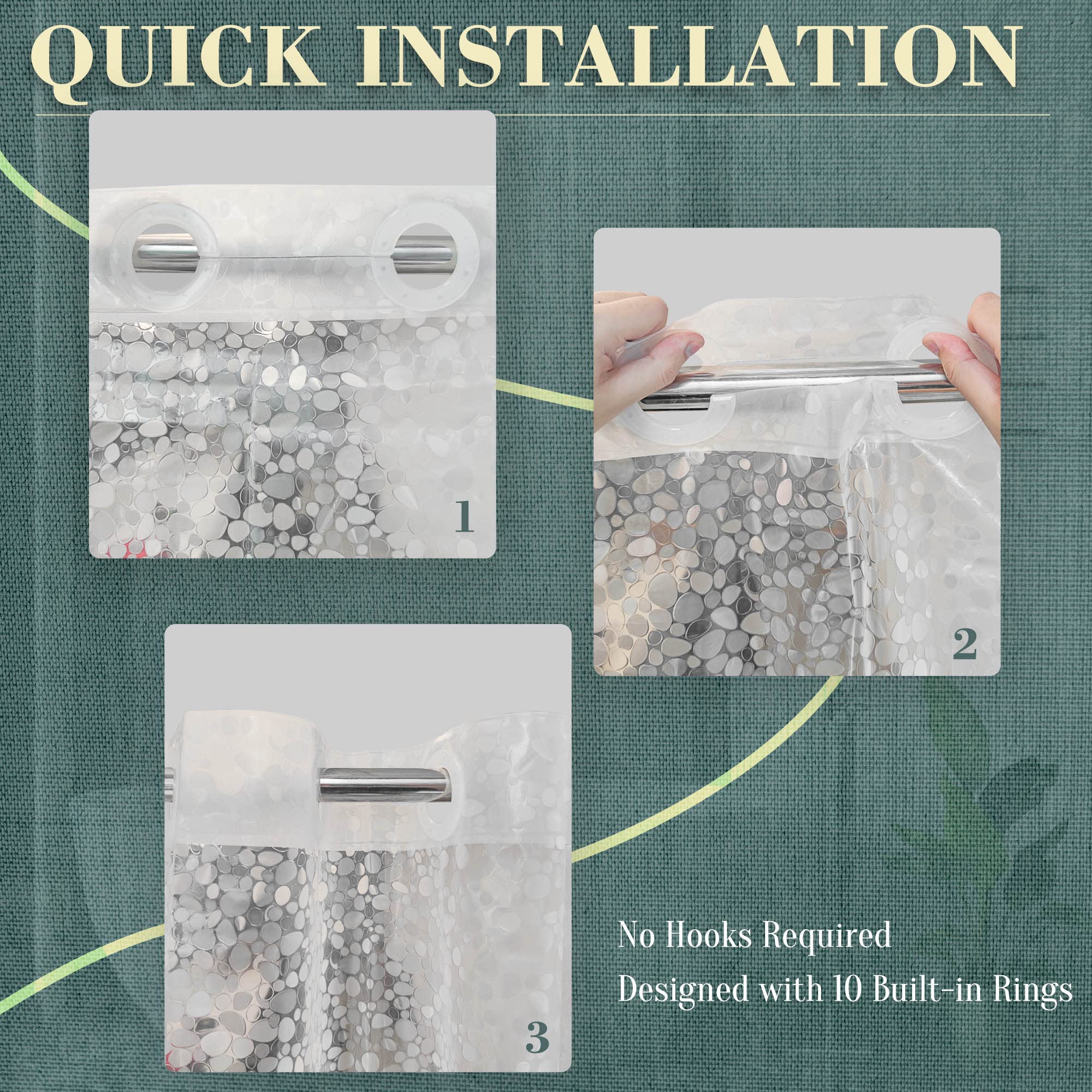 ABLUEN No Hook Shower Curtain or Liner - 8G Heavy Duty Cobblestone Bathroom Shower Curtain No Hooks Required  Waterproof Plastic & PVC Free  Standard Size 71 x 74  Pebble