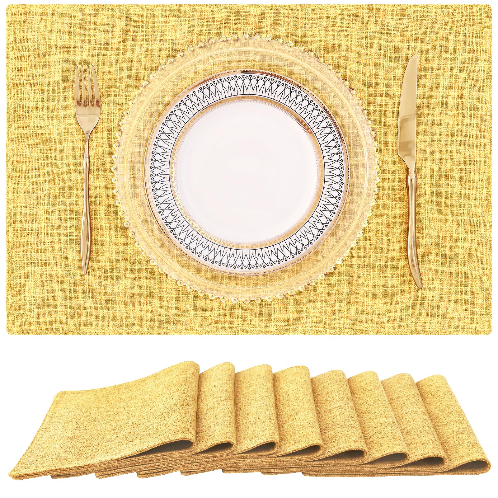 Homing Mustard Yellow Cloth Placemats Set Of 8 - Cotton Linen Blend Washable Farmhouse Dining Table Mats For Fall & Thanksgiving
