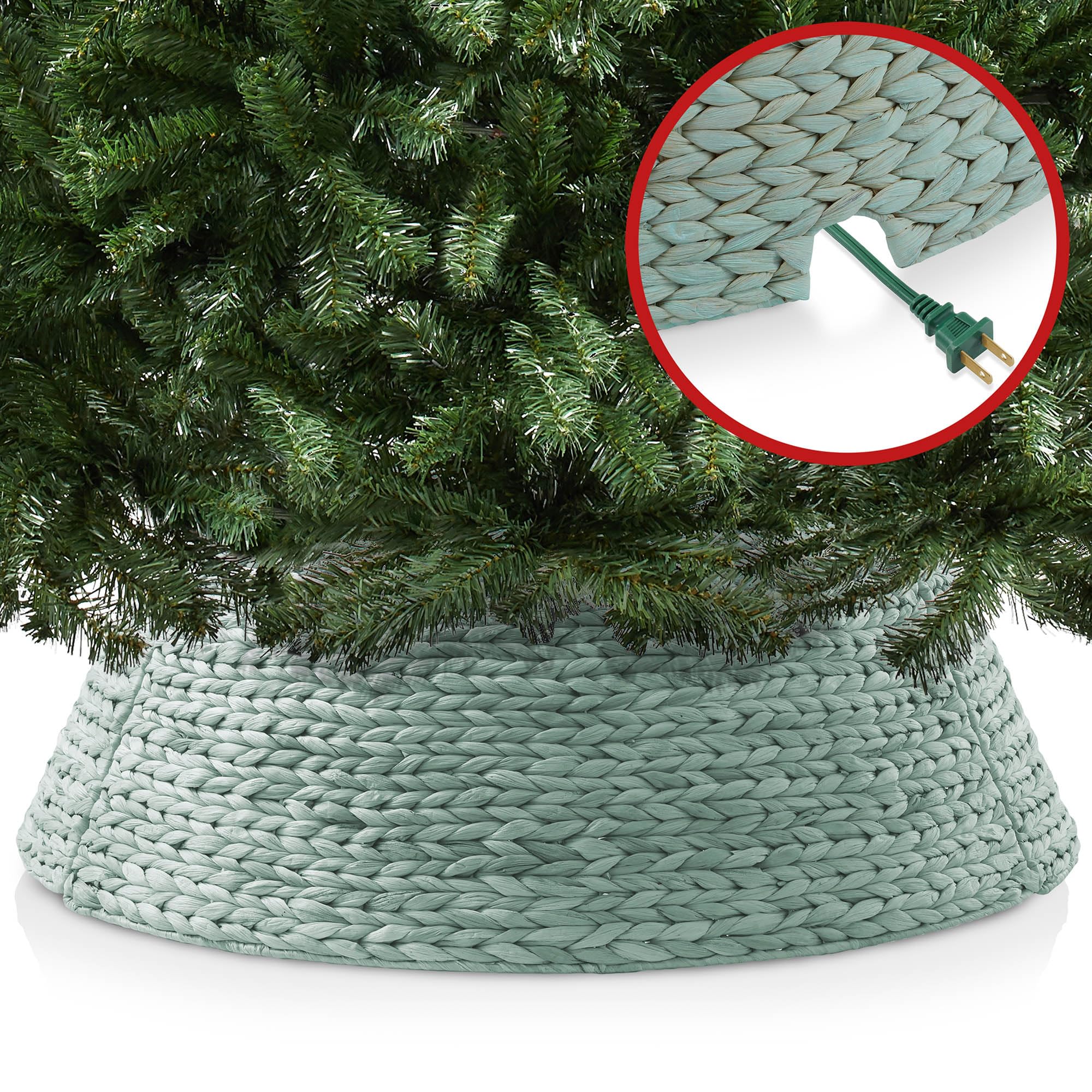 Casafield 42-Inch Christmas Tree Collar, Woven Water Hyacinth Tree Base Cover with Cord Cut Out, Seafoam