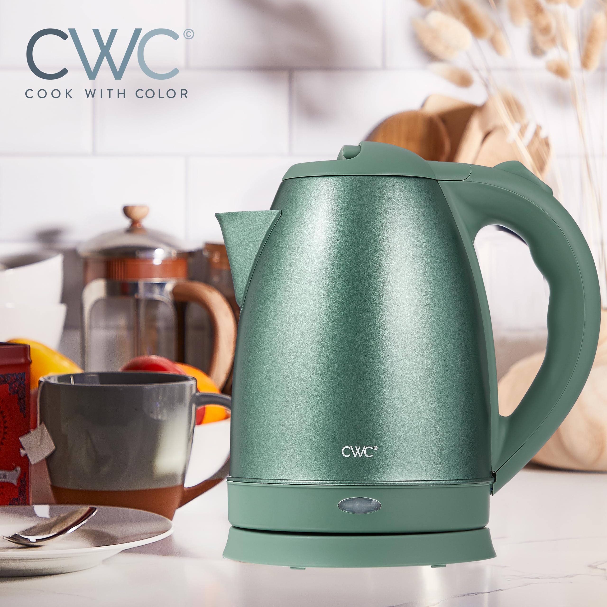 Cook With Color Electric Kettle - 1100W, 1.7L, Fast Boil, Auto Shut-Off, Swivel Base, Stainless Steel, Sage