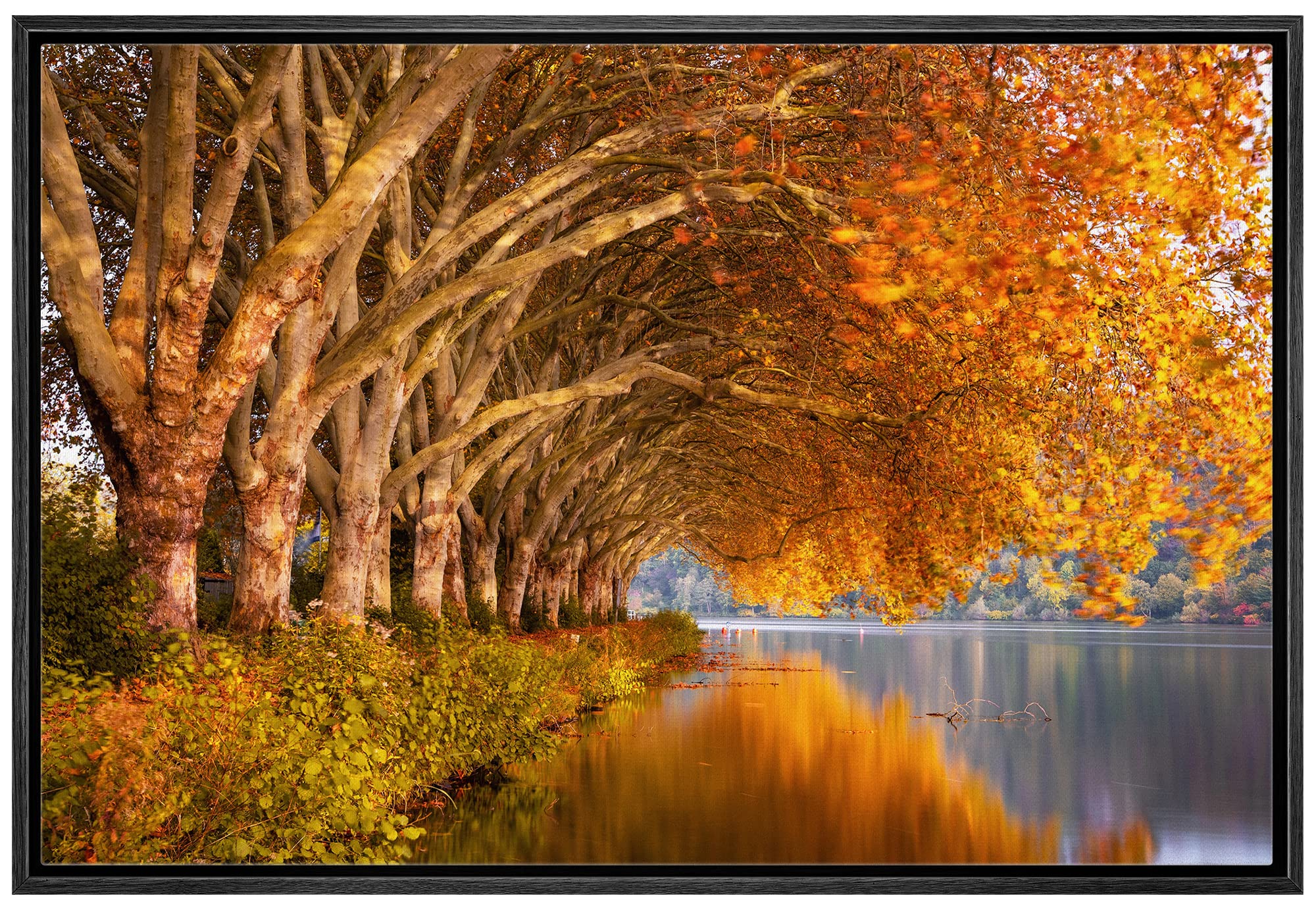 Wall26 Framed Canvas Print Wall Art Autumn Fall Orange Leaf Forest Lake Nature Wilderness Photography Realism Rustic Scenic Land