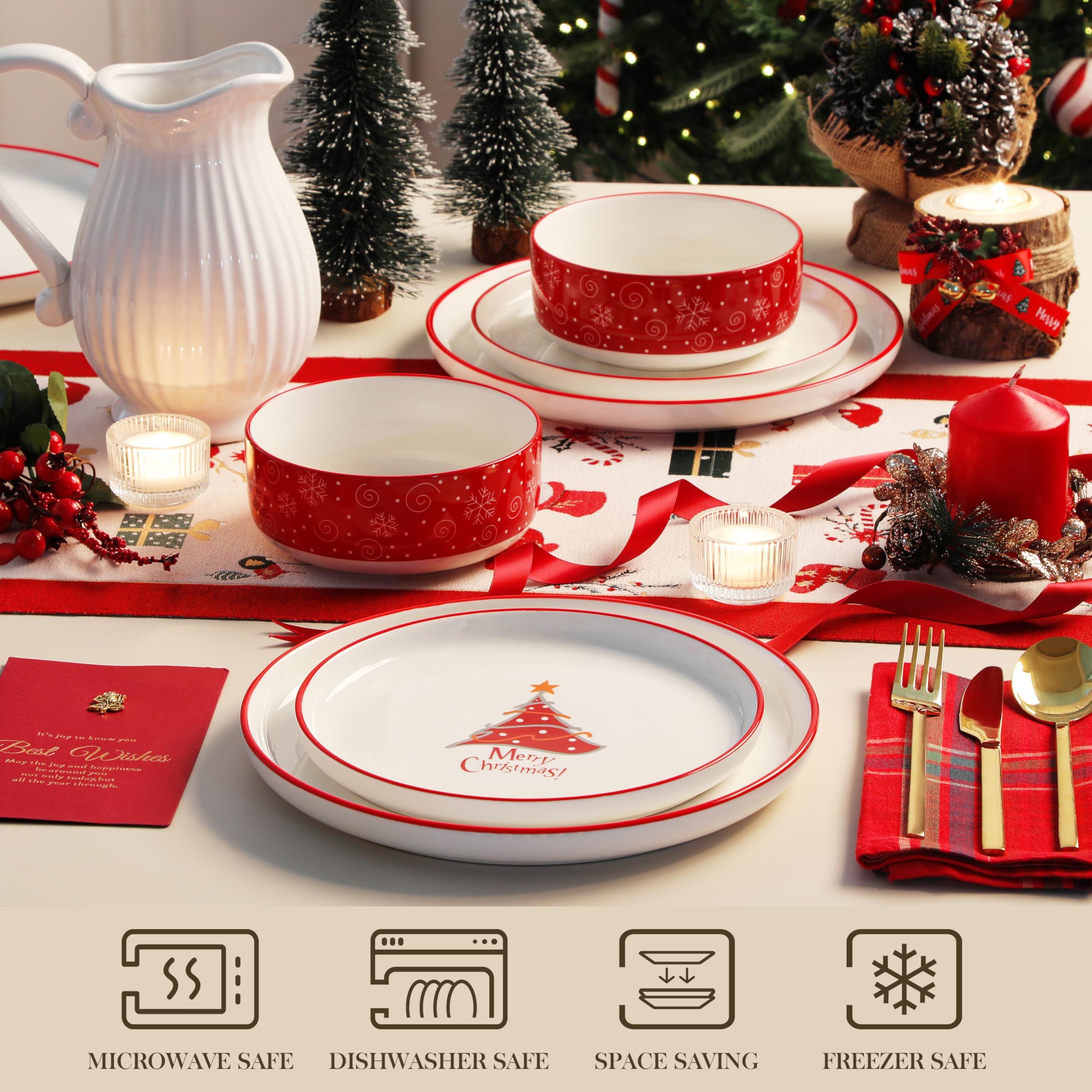 MALACASA Plates and Bowls Sets, 18 Pieces Christmas Porcelain Dinnerware Set for 6, Ceramic Dishware Dishes Kitchen Dining Ware